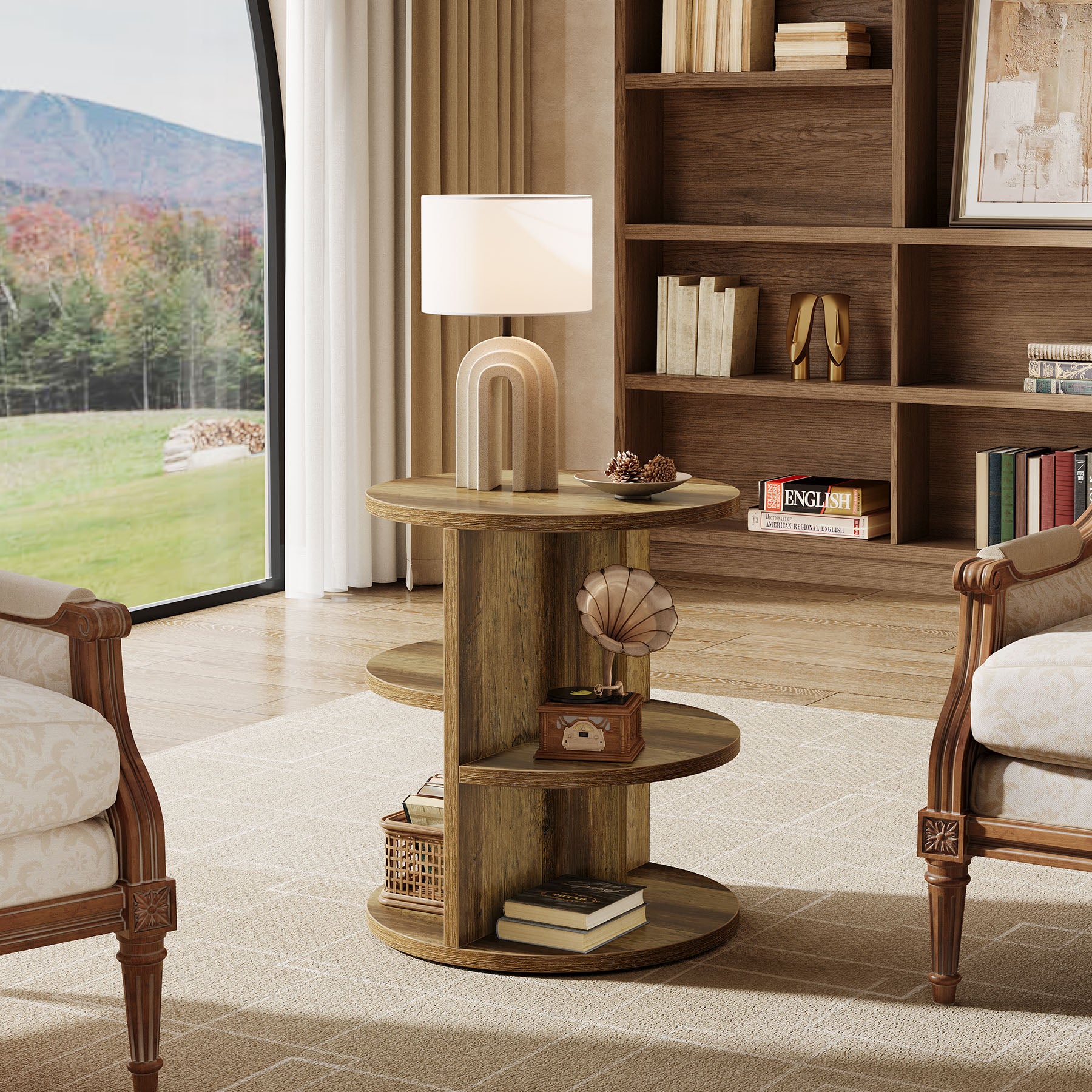 Round End Table, 23.6" Side Table with 3 - Tier Storage Shelf Tribesigns