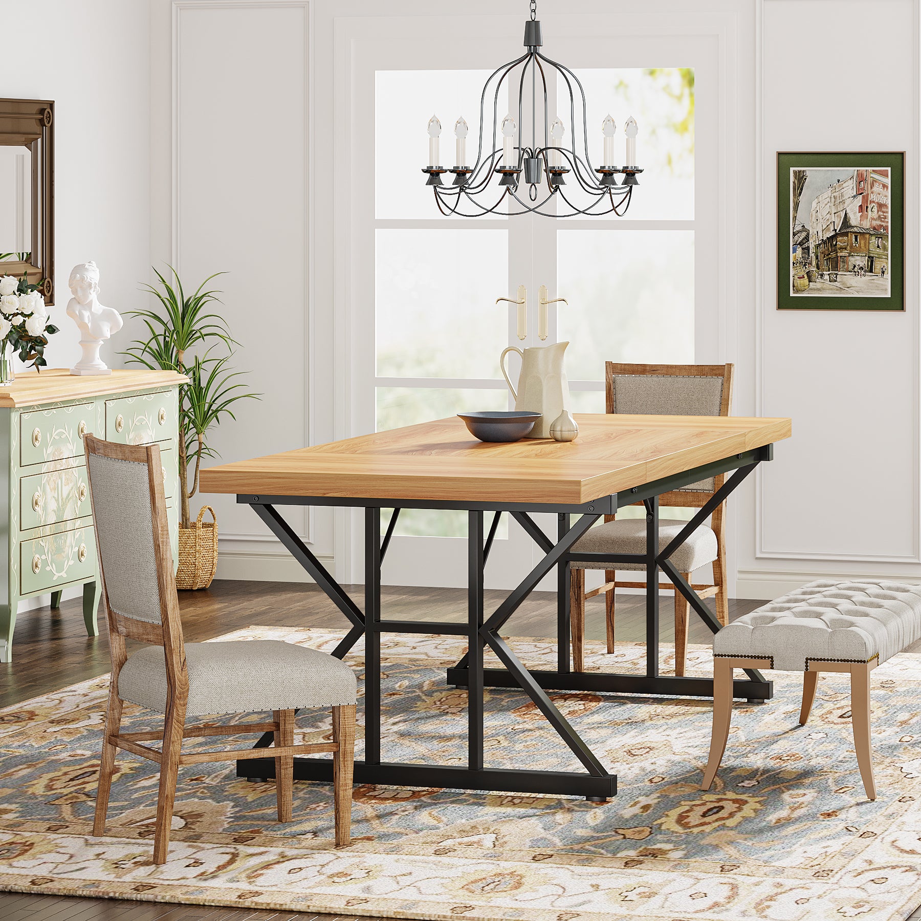70.8" Farmhouse Dining Table for 6, Rectangular Wood Kitchen Table with Metal Legs