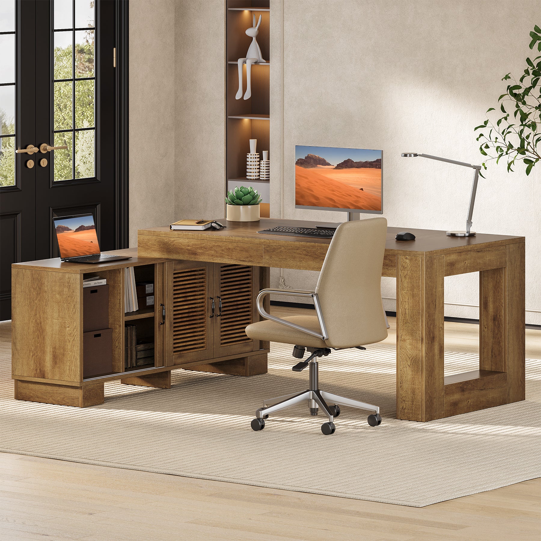 63" Computer Desk, L-shaped Executive Desk with Storage Cabinets