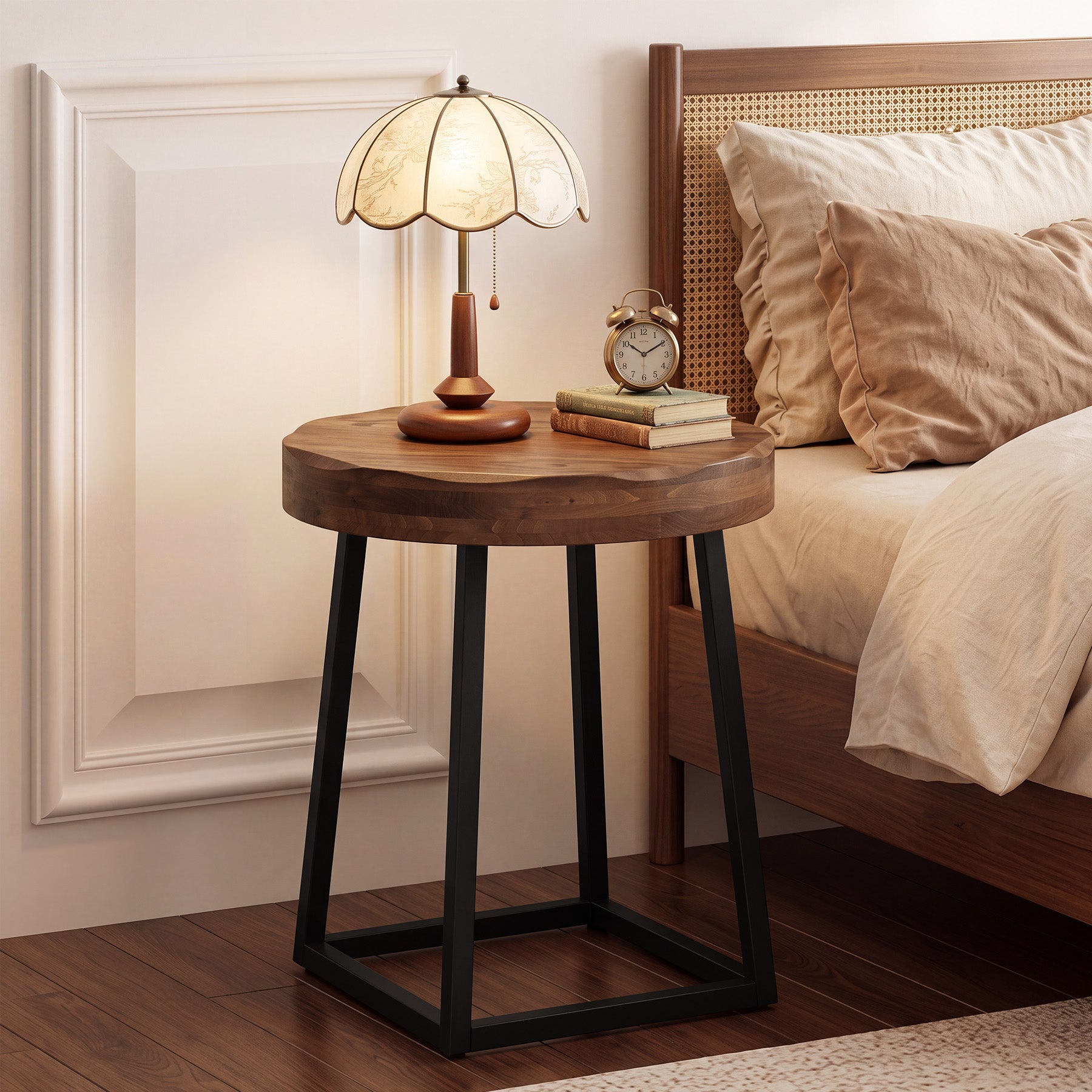 19.69" Solid Wood Round End Table, Live Edge Side Table with Metal Base for Living Room
