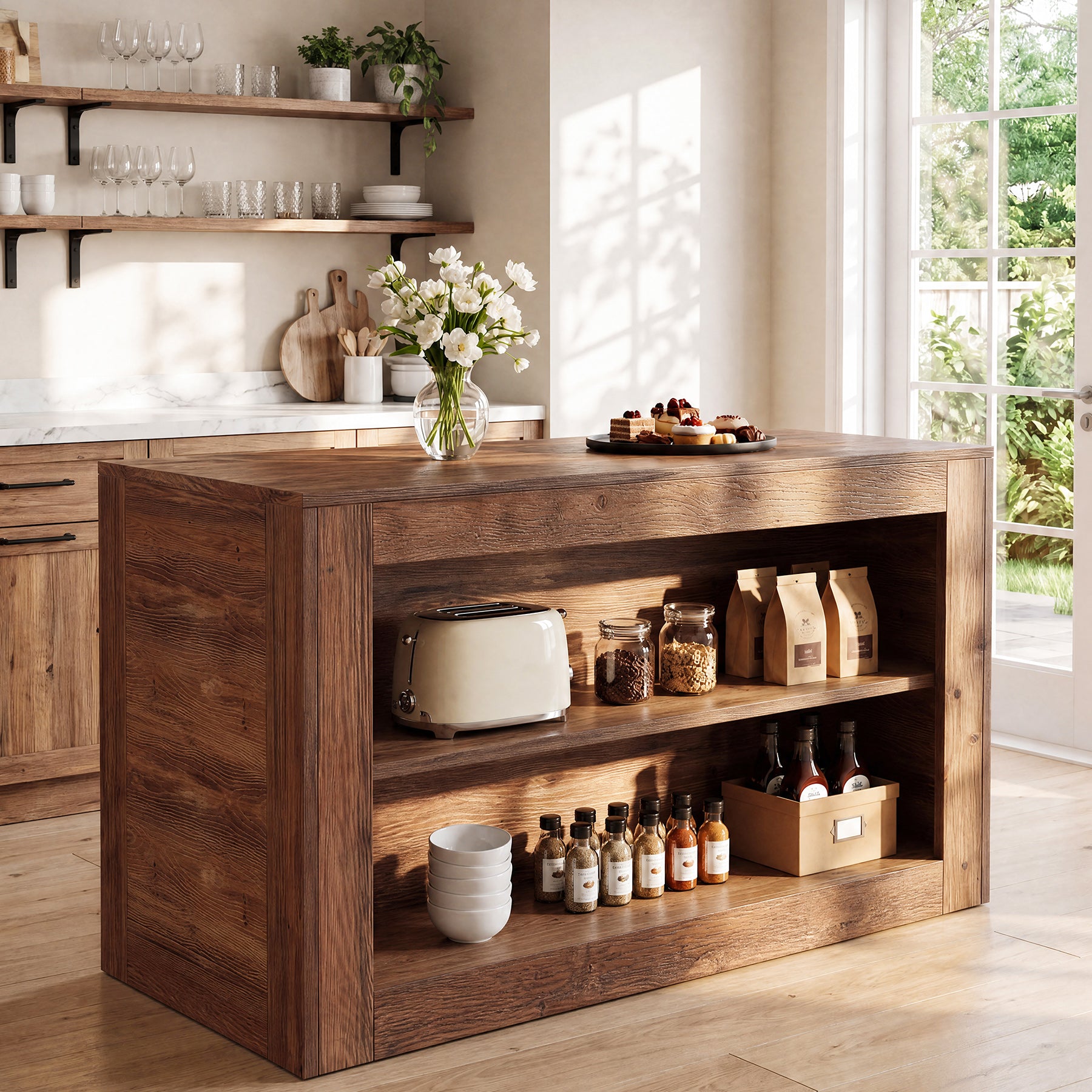 55" Solid Wood Kitchen Island, Farmhouse Stationary Table with 2-Tier Storage for Kitchen