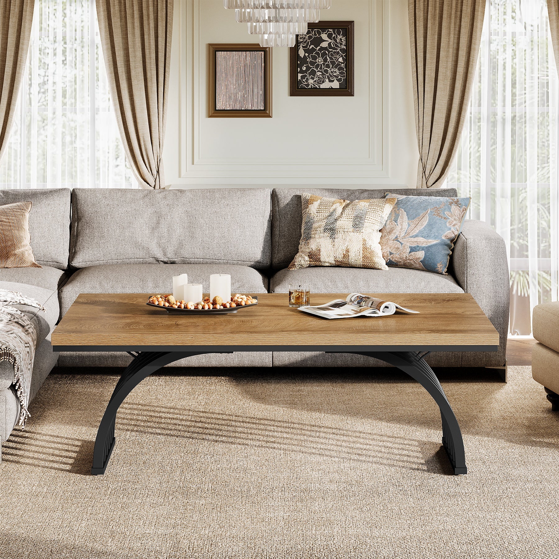 47" Coffee Table, Rectangular Center Tea Table with Metal Frame Legs