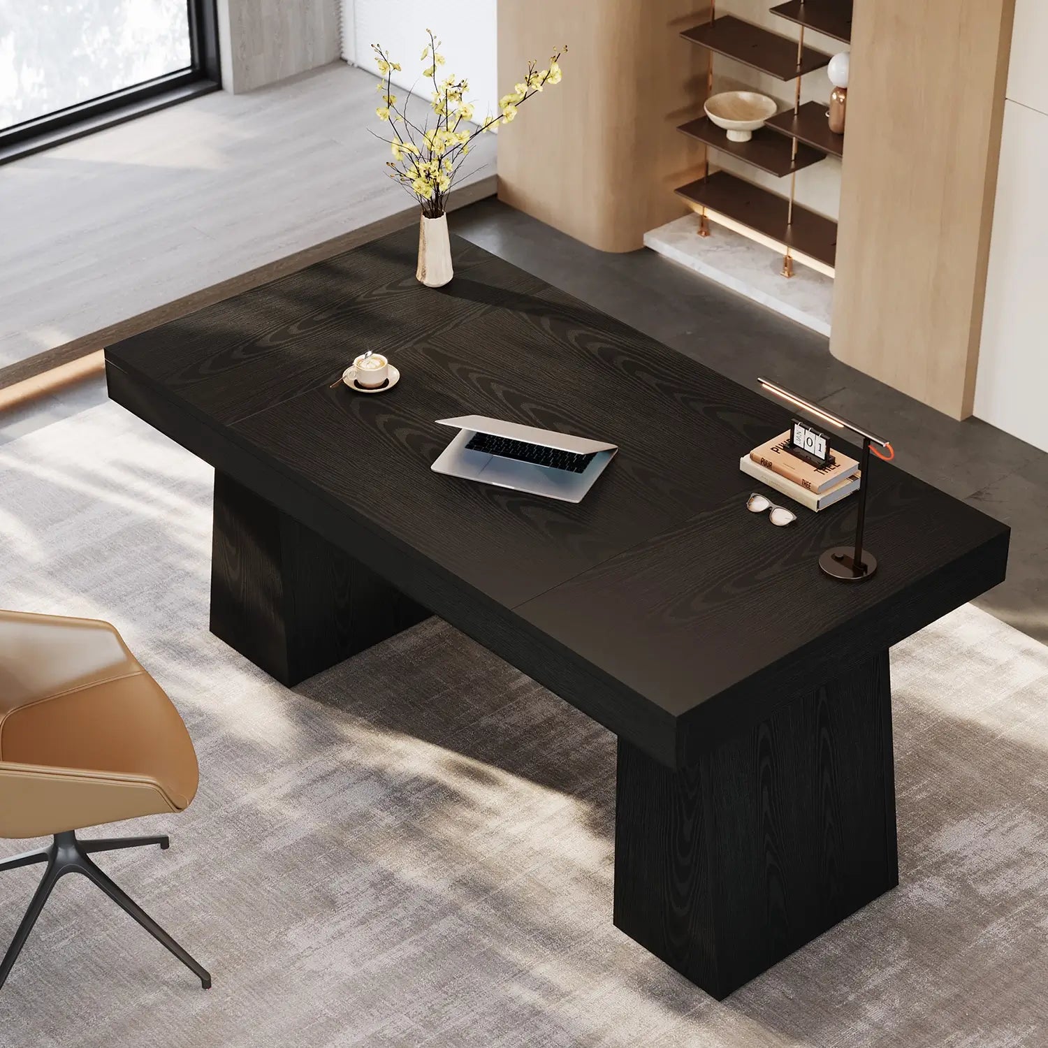 55" Executive Desk with Double Trapezoid Base, Modern Wooden Computer Desk for Home Office