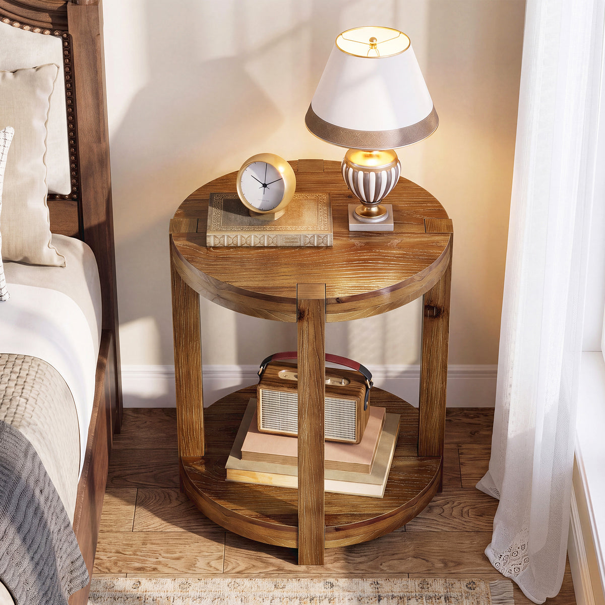 20.08" Round Solid Wood End Table, 2-Tier Side Table with Storage Shelf for Living Room