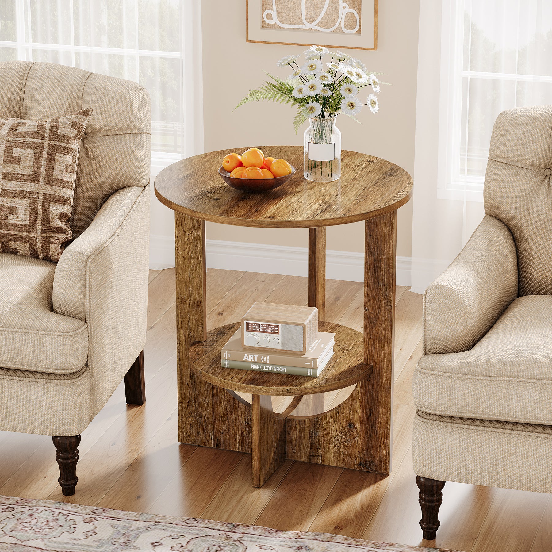 Round End Table, 2-Tier Side Table Nightstand with Storage