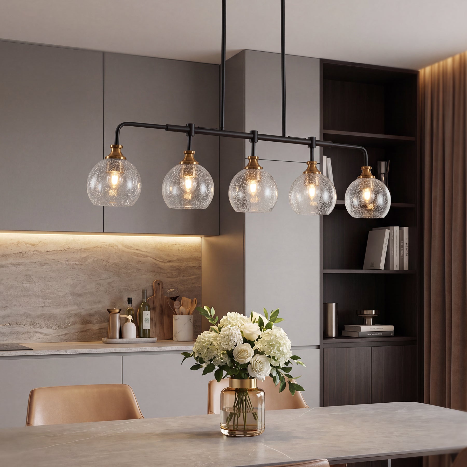 5-Light Pendant Lights, Kitchen Island Chandelier with Clear Crackle Glass Shades & Adjustable Height
