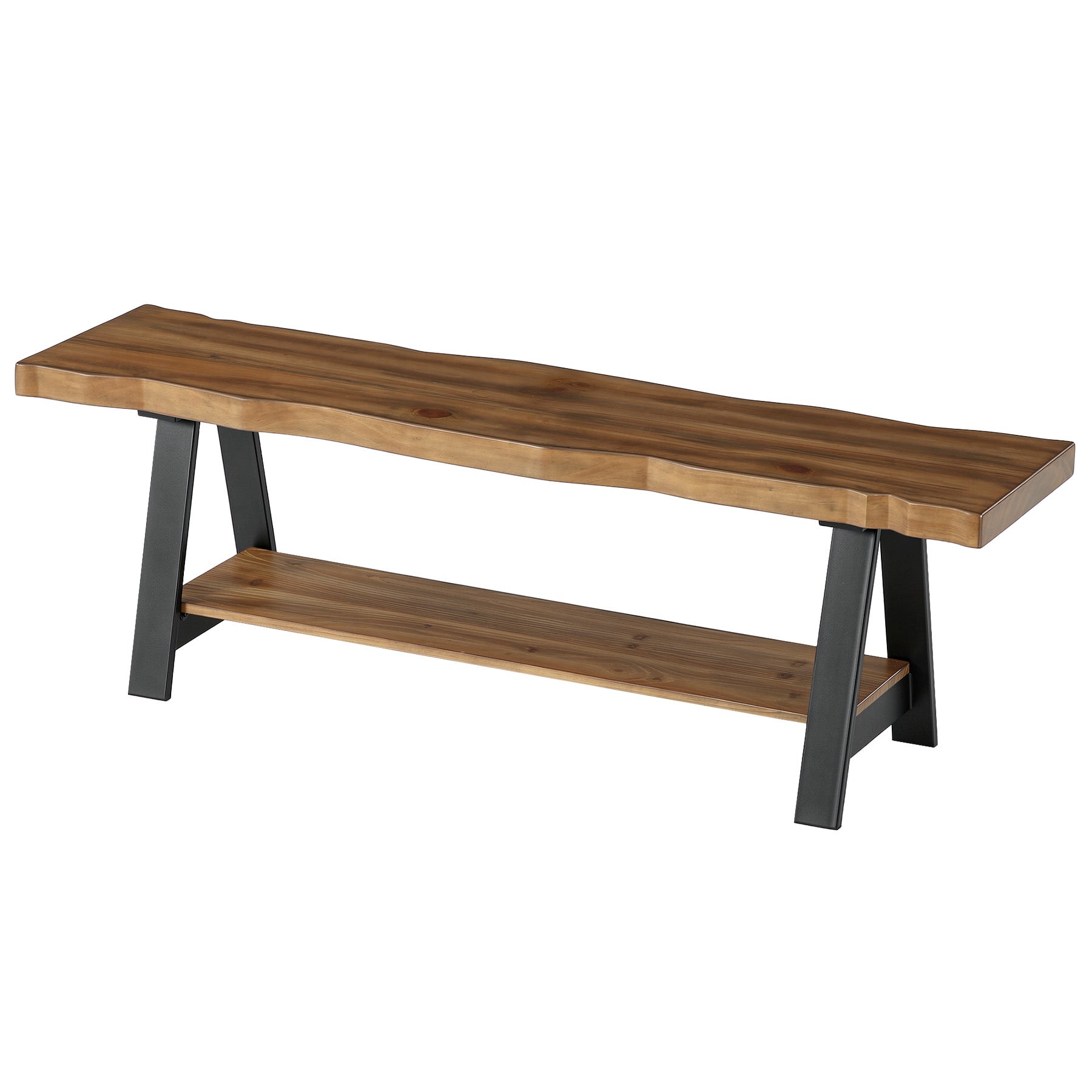 55" Solid Wood Dining Bench, Live Edge Dining Seat with Storage Shelf & Metal Legs