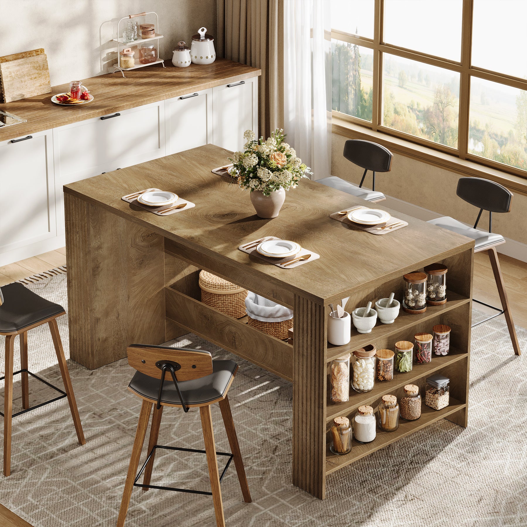 59" Kitchen Island, Large Storage Islands Coffee Unit with Shelves