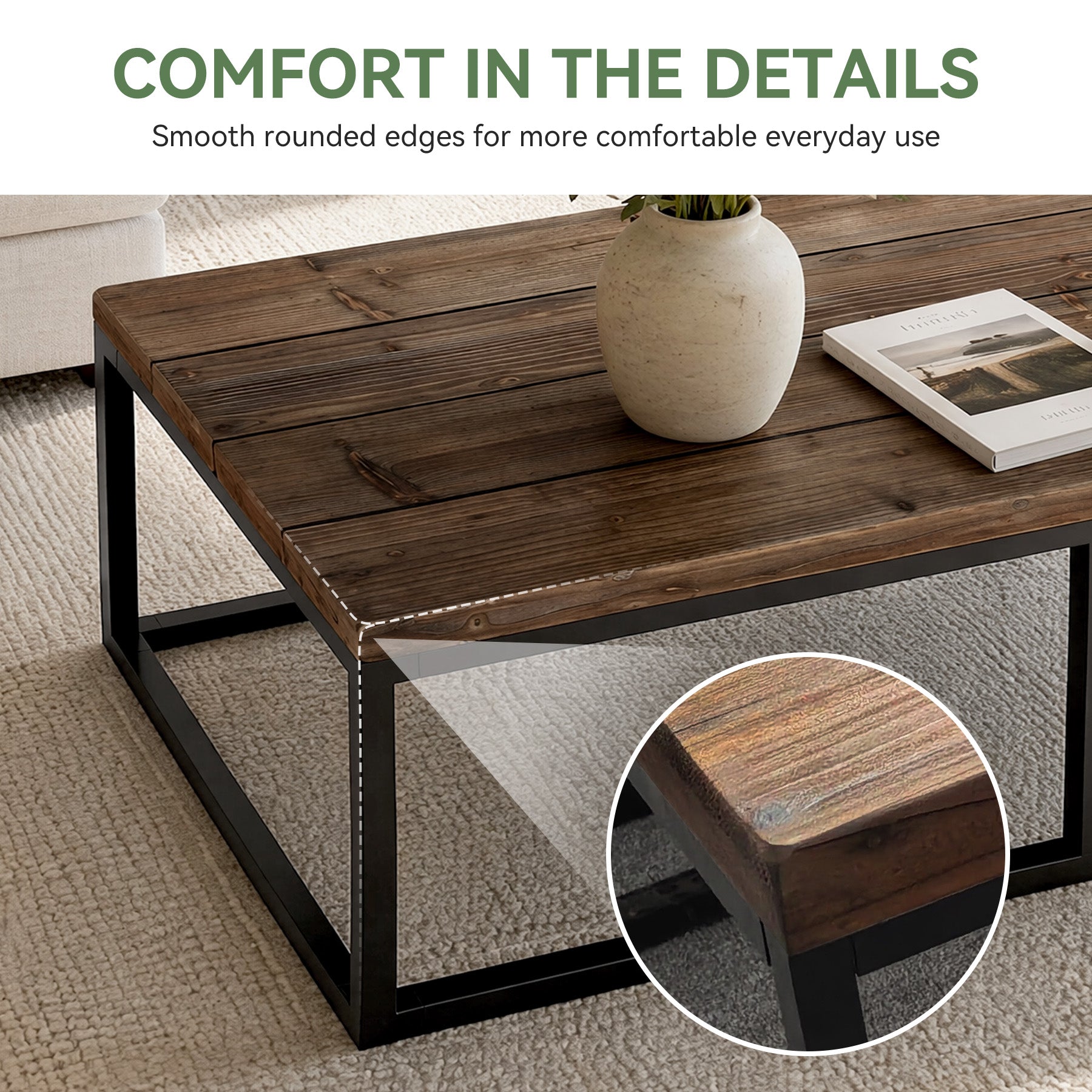 55" Solid Wood Coffee Table, Rectangular Center Table with Steel Frame for Living Room