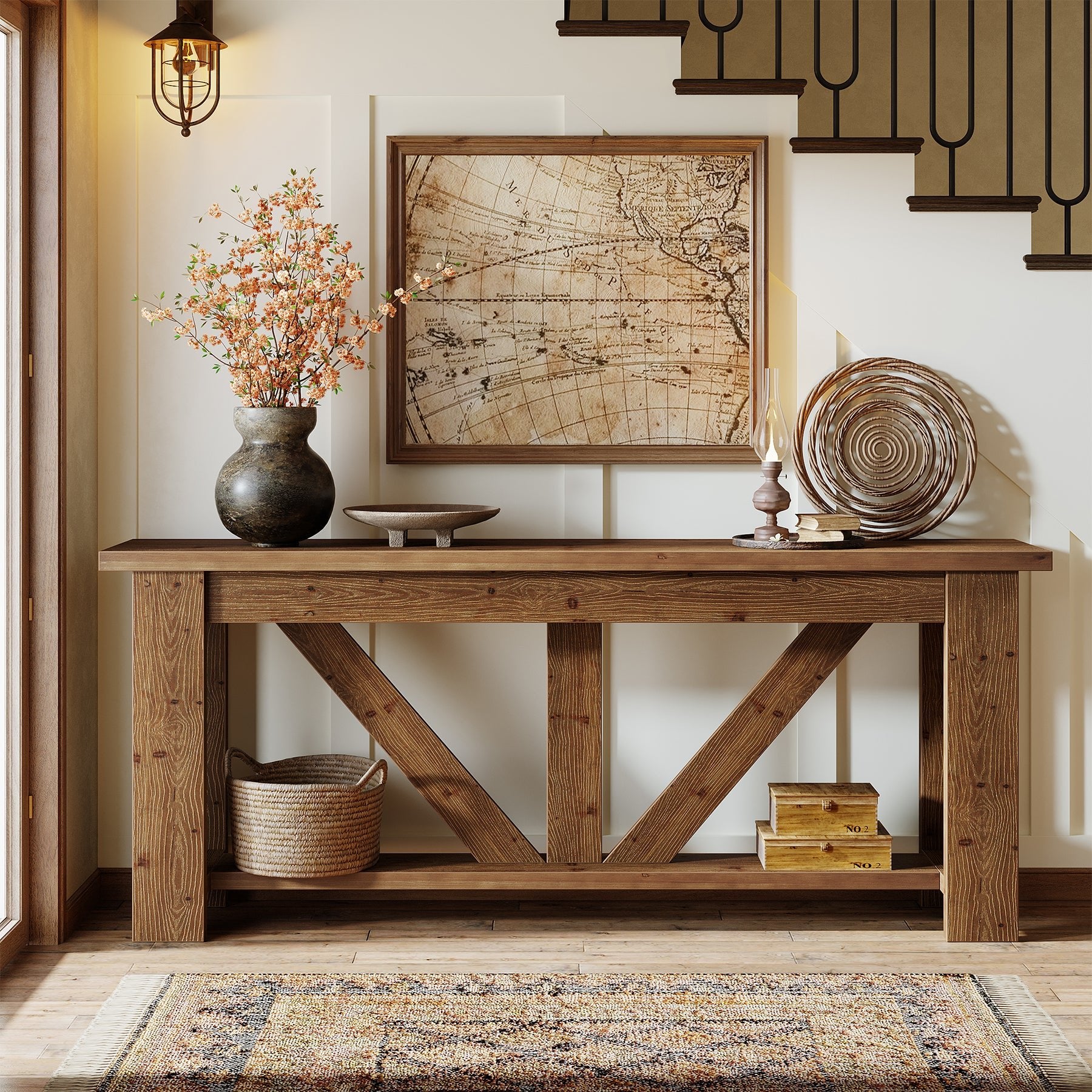 70.9" Solid Wood Console Table, 2-Tier Sofa Table Behind Couch with Storage
