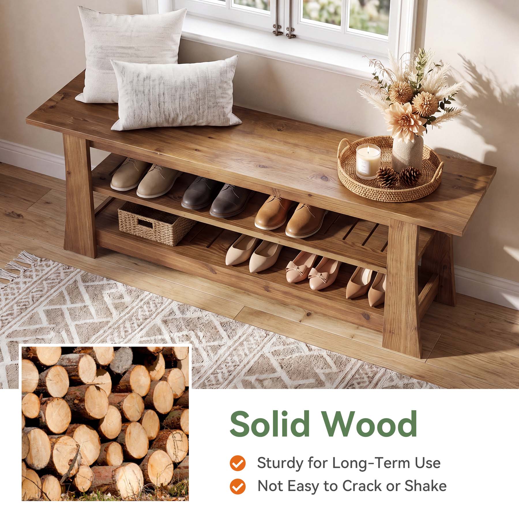 63-Inch Solid Wood Shoe Bench, Farmhouse Indoor Entryway Bench with 3-Tier Storage