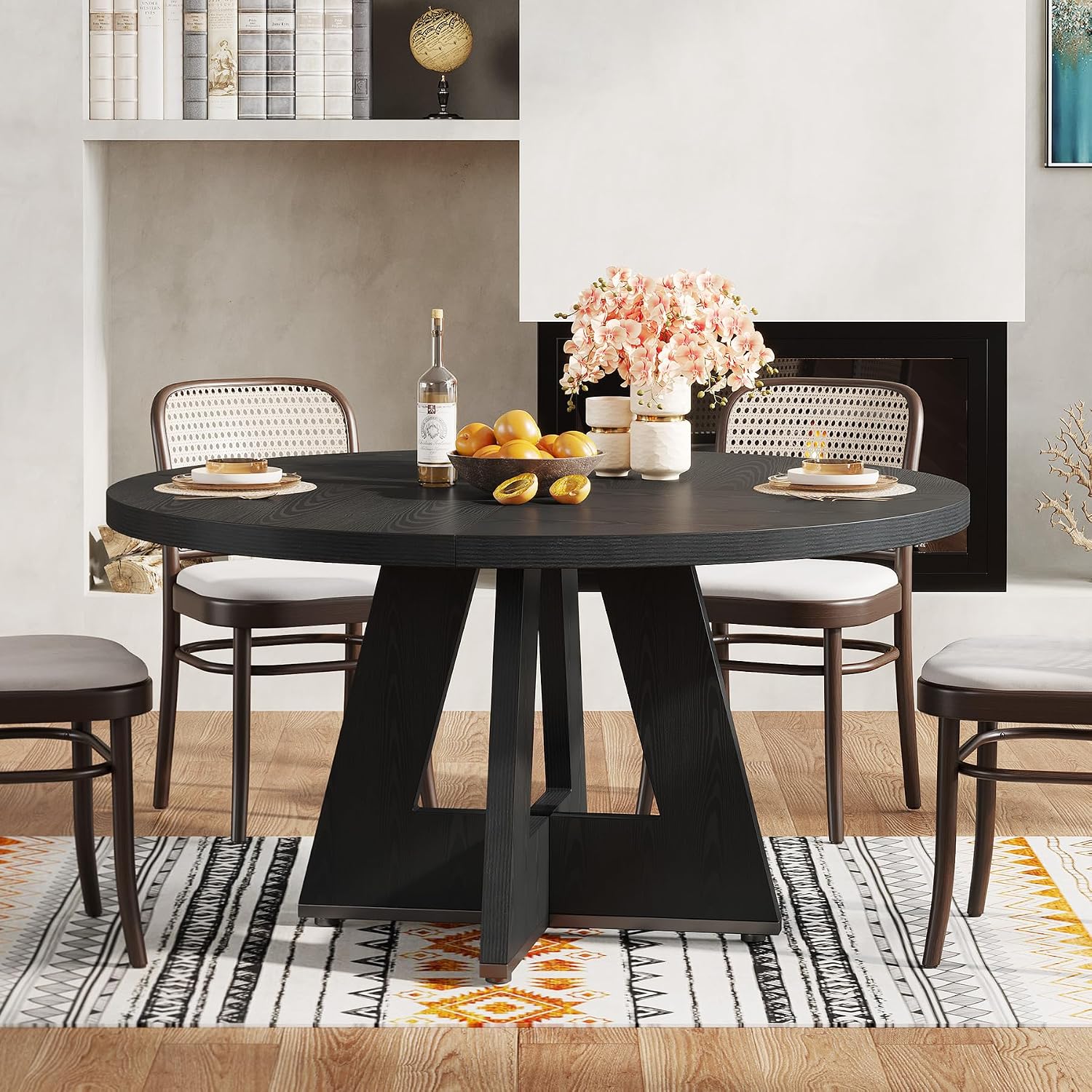 47-Inch Round Farmhouse Dining Table for 4–6 with Cross-Style Pedestal Base