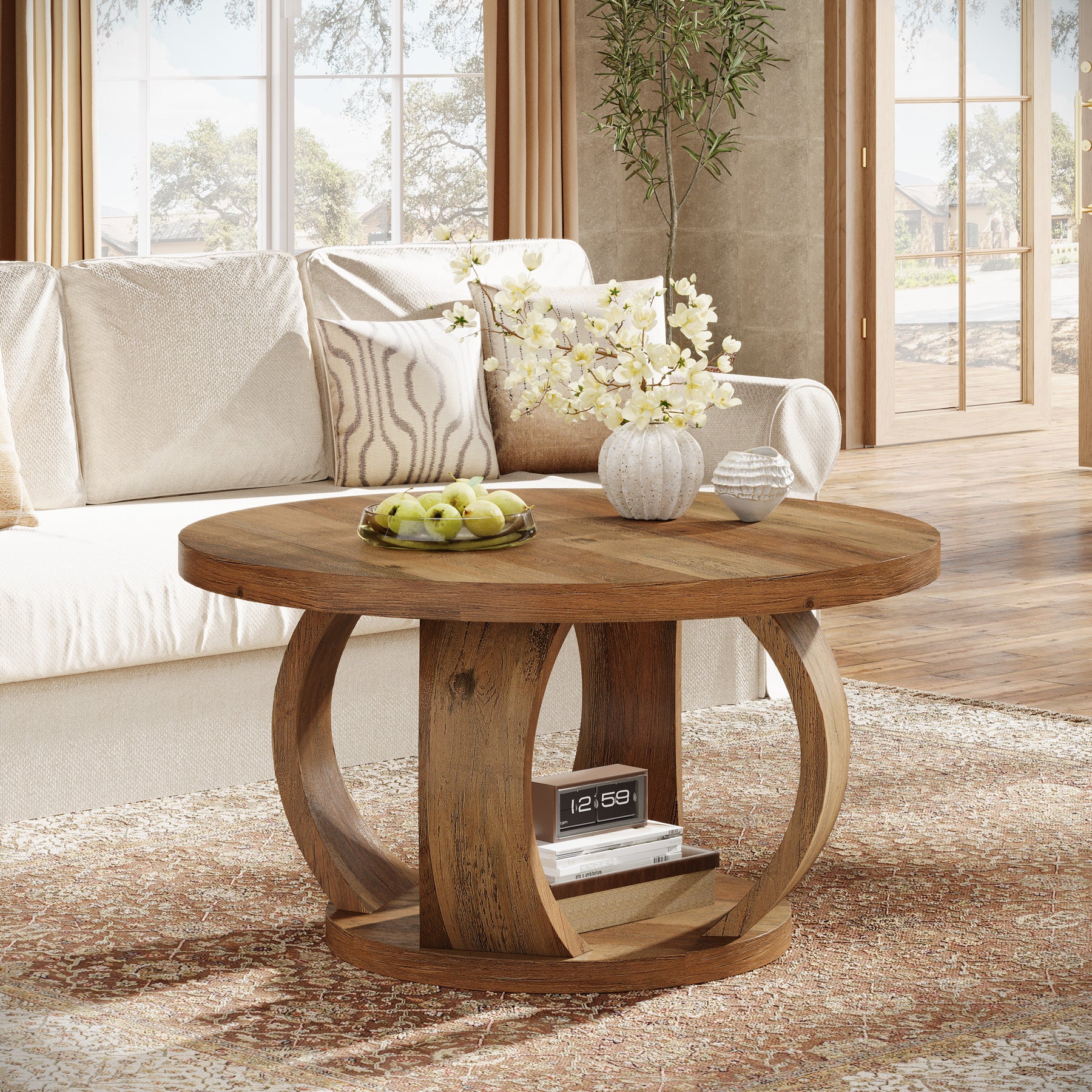 31.5" Round Coffee Table, 2-Tier Wooden Center Table with Storage
