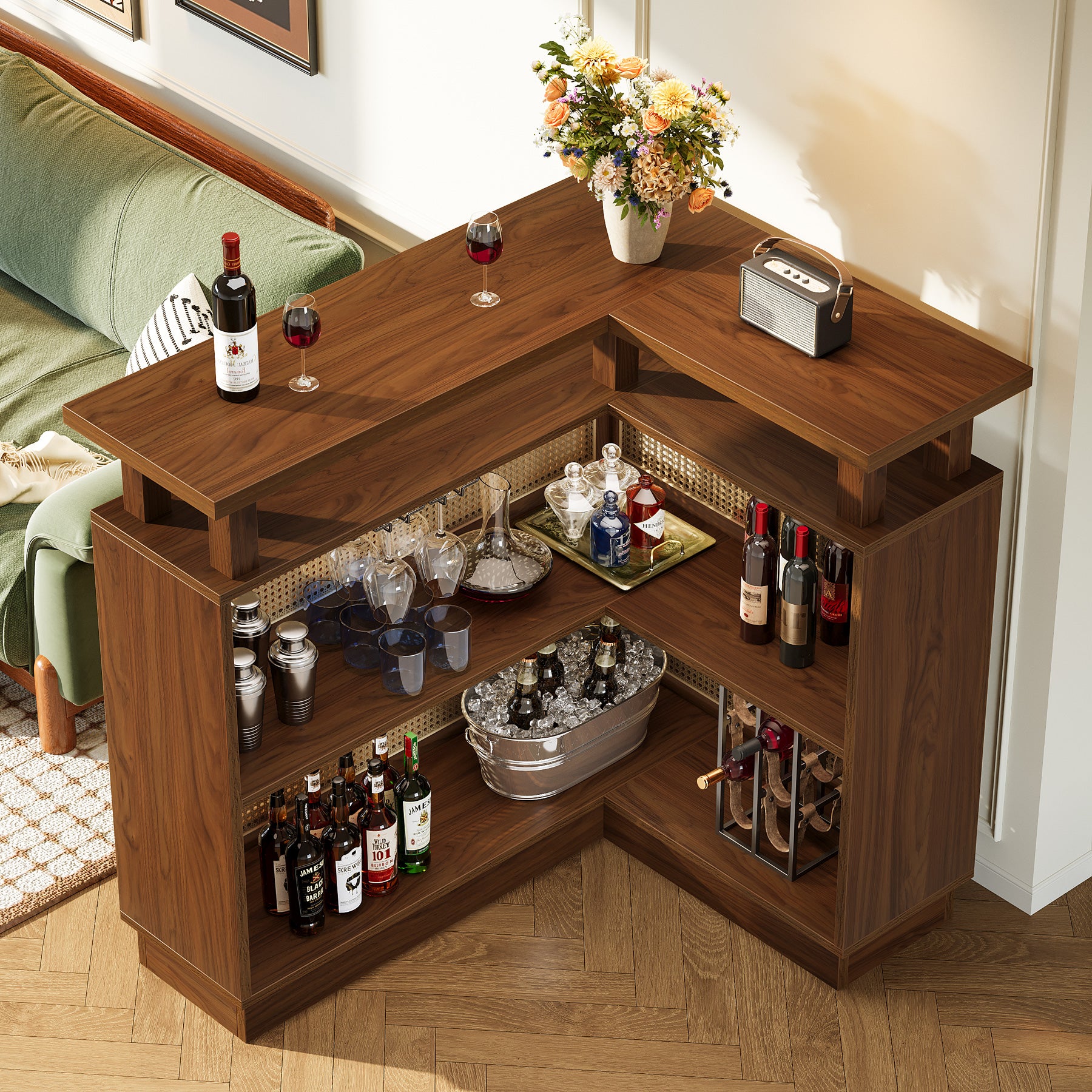 L-Shaped Home Bar Unit, Rattan Bar Table Liquor Cabinet with 4-Tier Storage Shelf