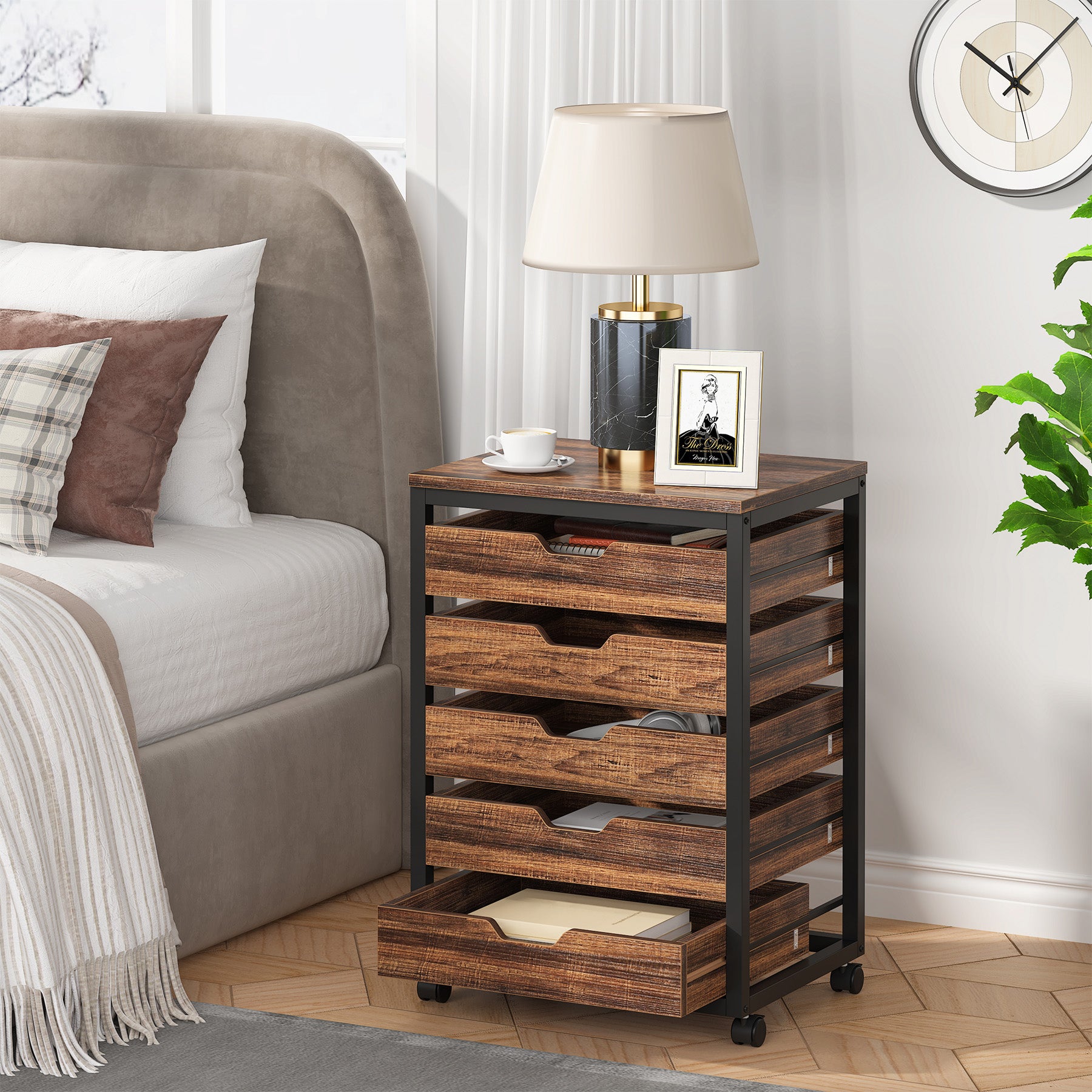 5-Drawer File Cabinet, Wood Mobile Storage Drawer Unit Industrial Office Cabinet with Drawers & Wheels