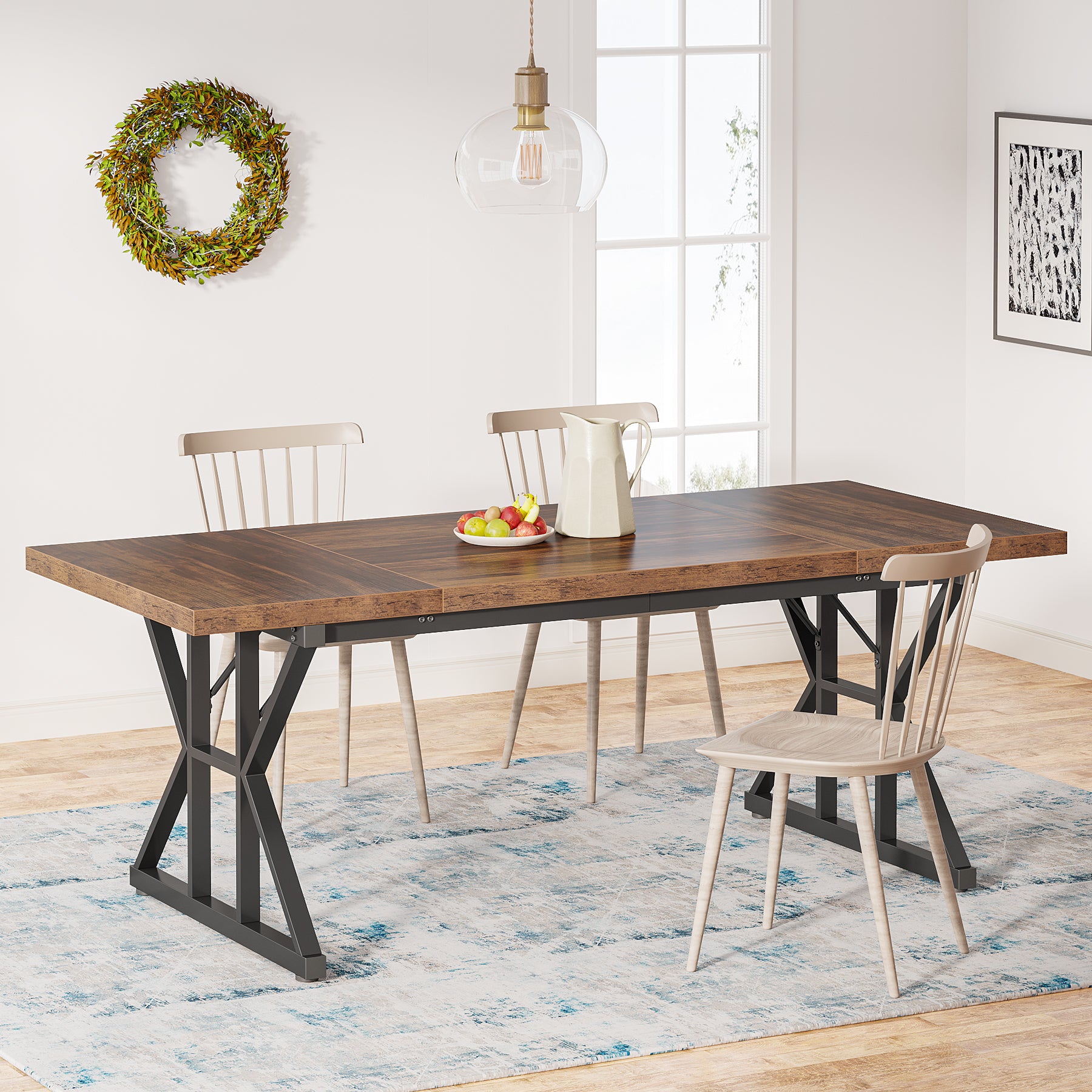 70.8" Farmhouse Dining Table for 6, Rectangular Wood Kitchen Table with Metal Legs