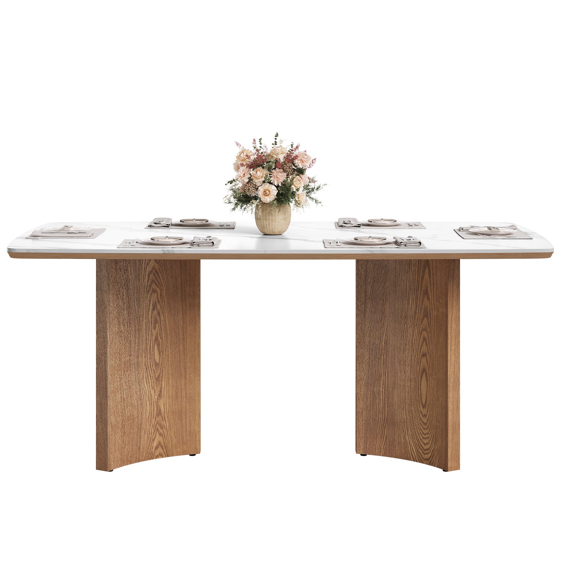 63" Sintered Stone Dining Table, Rectangular Kitchen Table with Solid Wood Dual-Pedestal Base, Seats 6, Table Only