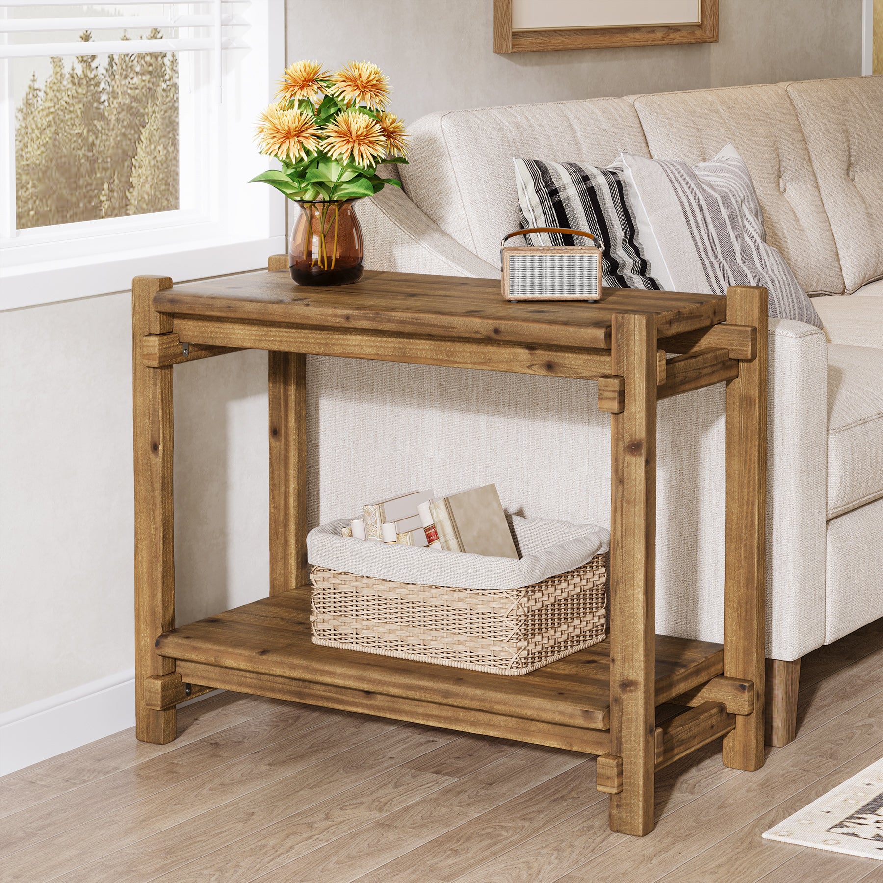 Solid Wood End Table, 2 - Tier Narrow Side Table with Storage Shelf Tribesigns