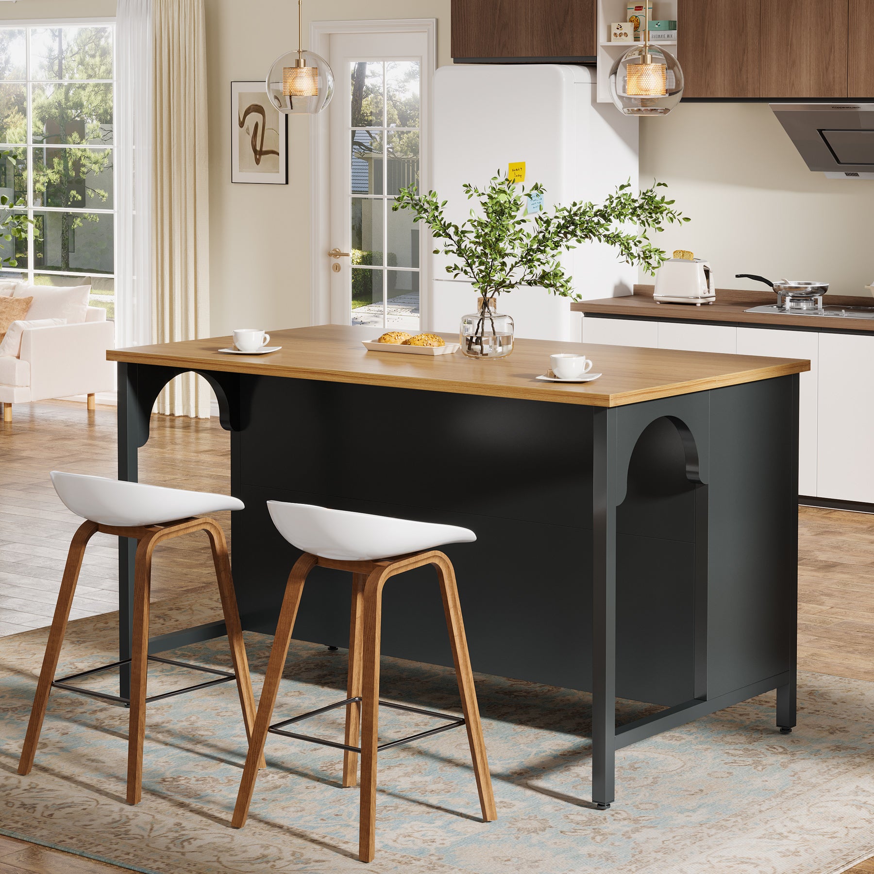 Kitchen Island with 3 Storage Shelves, 55" Kitchen Shelf with Large Countertop