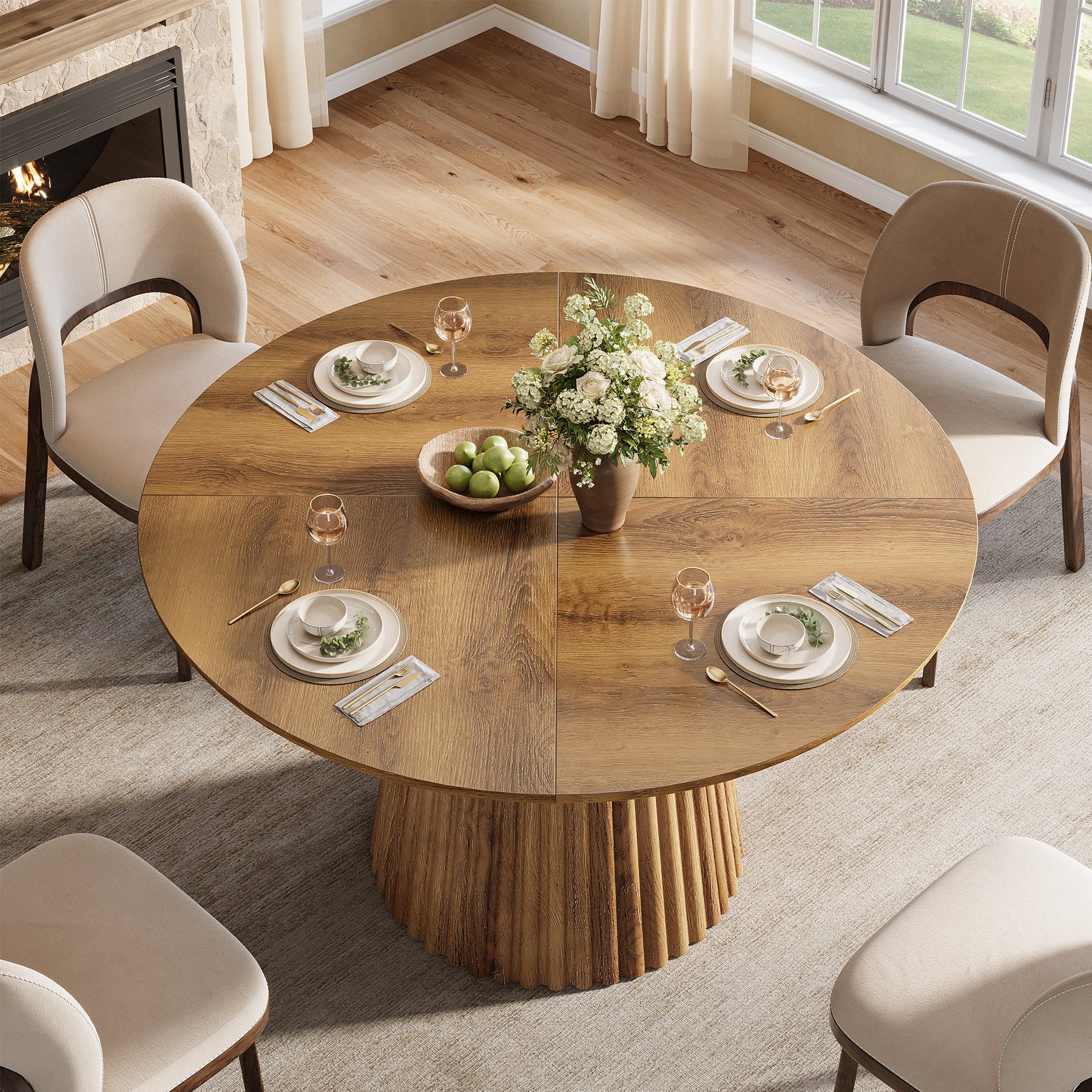 Round Dining Table, 47.24" Kitchen Table with Fluted Design for 4-6
