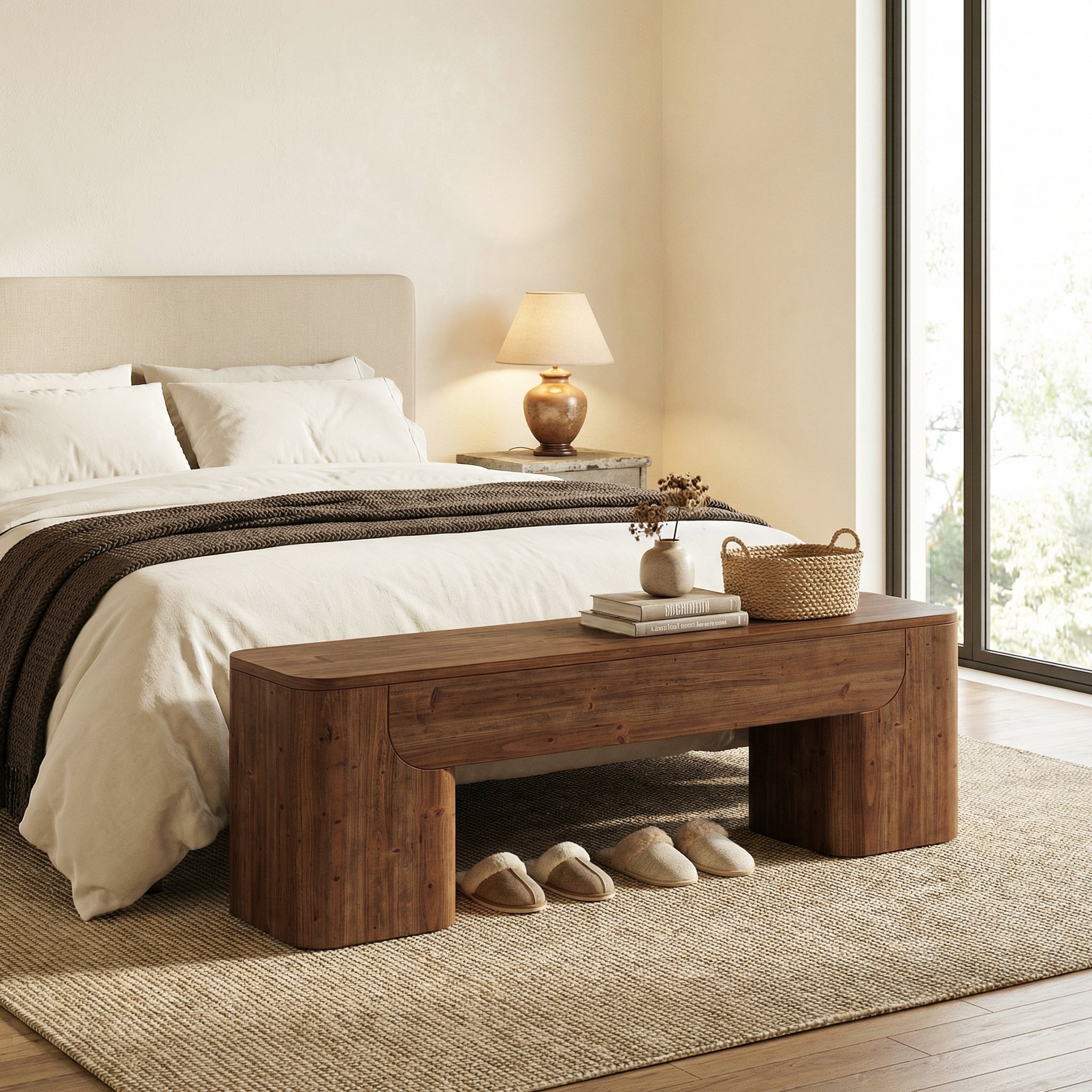 59" Solid Wood Bench, Rustic Heavy Duty Entryway Bench with Sturdy Legs