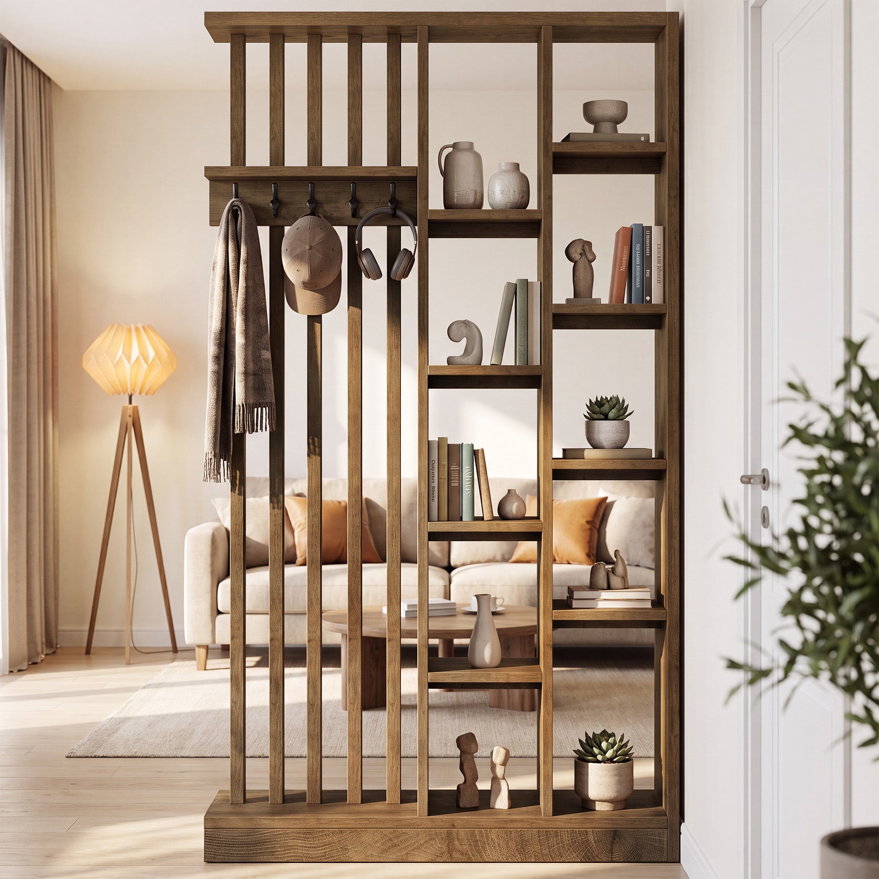 70.9" Wall Room Divider, Freestanding Privacy Screen Partition with Shelves & Coat Hooks
