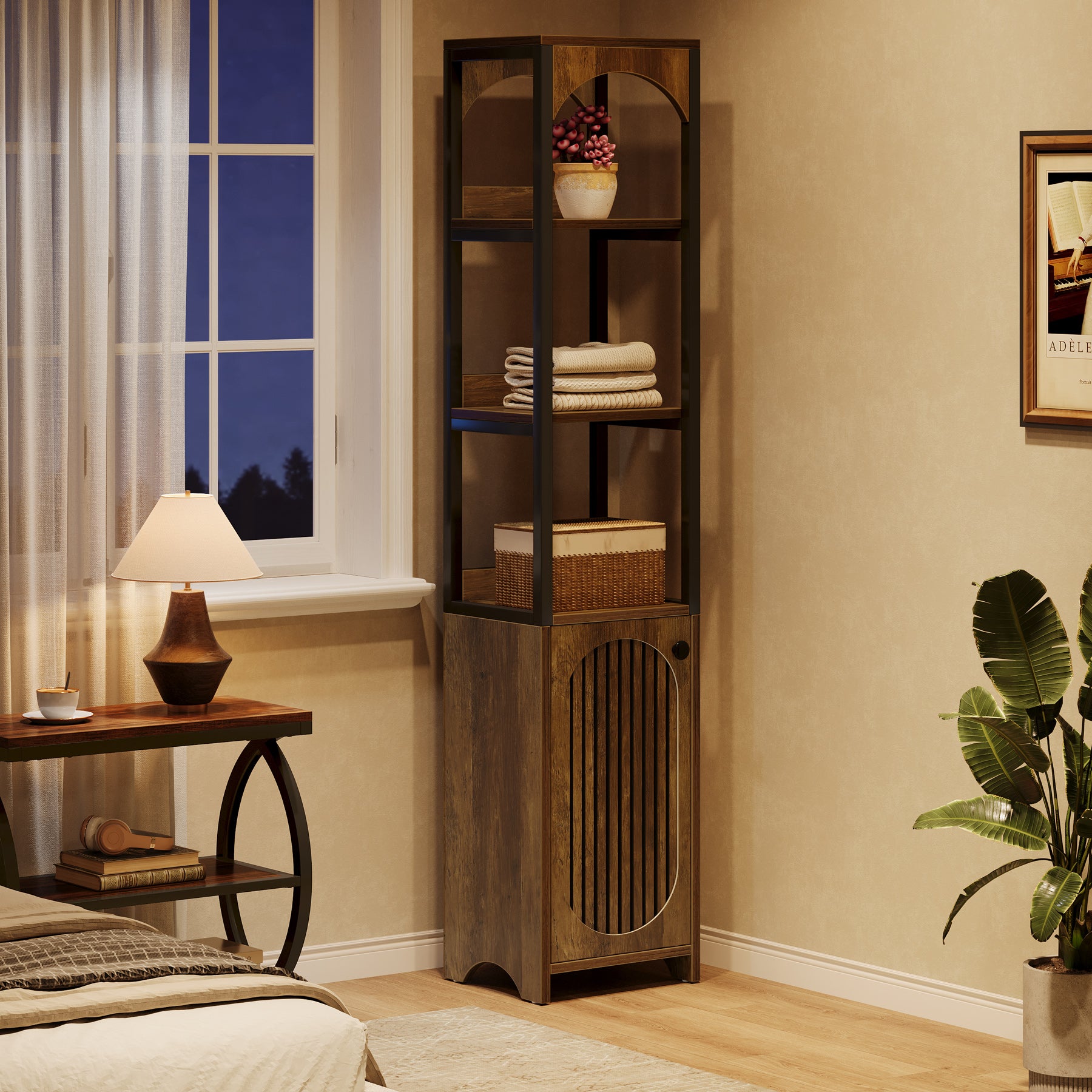 71.6" Bookshelf with Cabinet, Narrow Bookcase with Open Storage Shelves