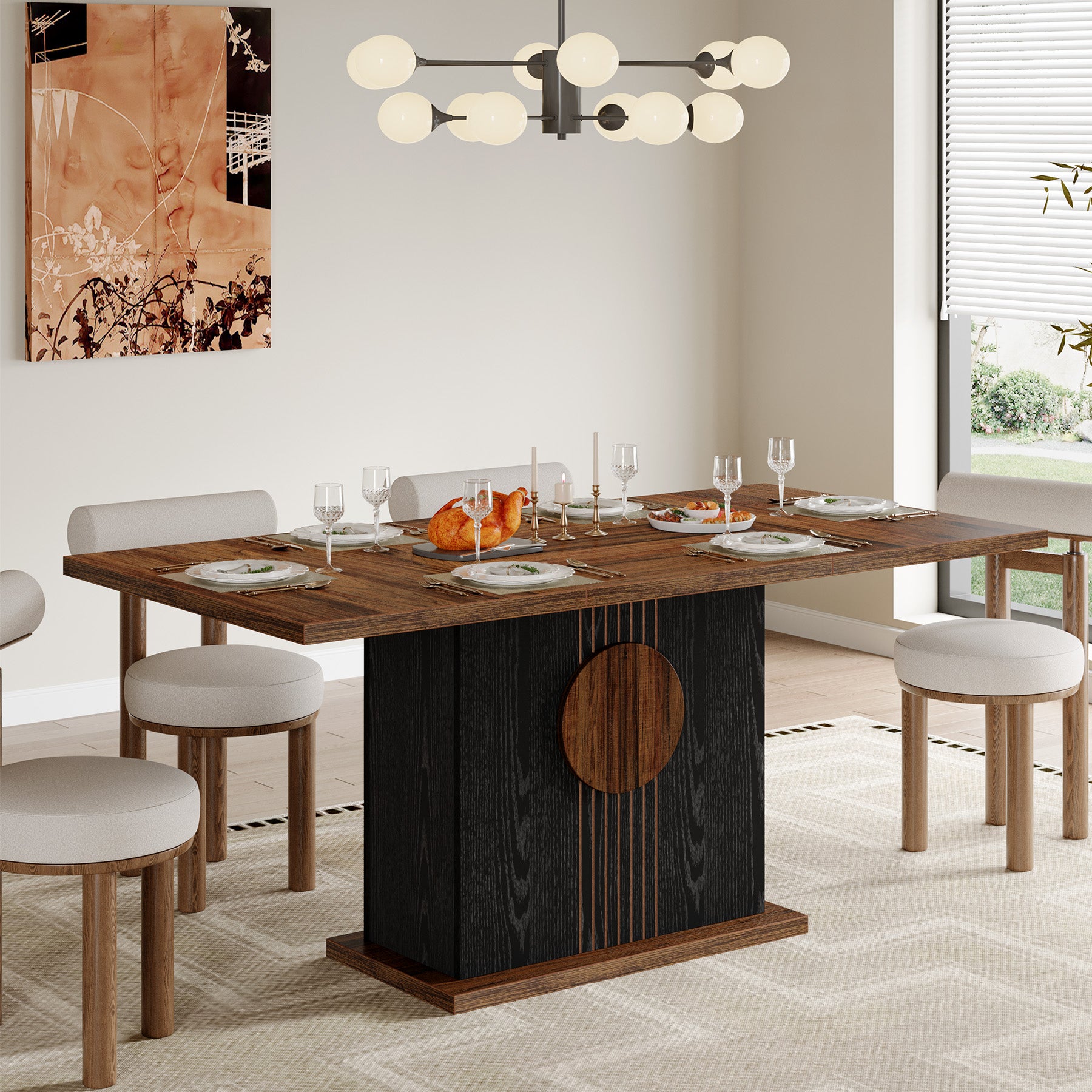 55" Rectangular Dining Table for 4–6 People, Farmhouse Wood Kitchen Table