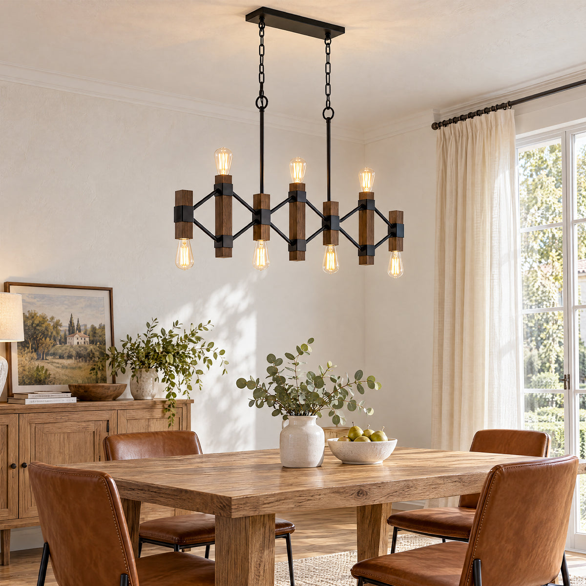 7-Light Farmhouse Linear Chandelier, Faux Wood Pendant Light with Black Metal