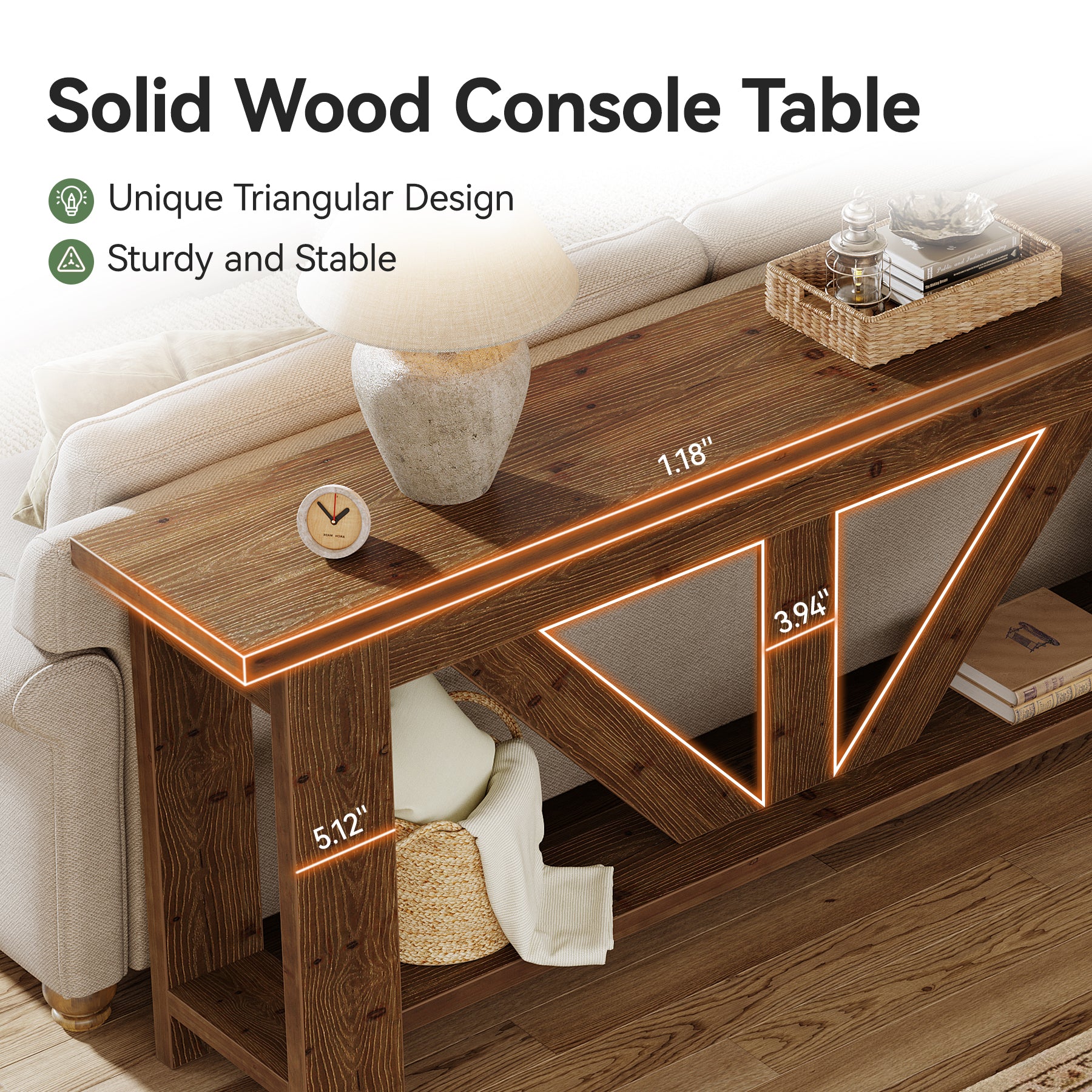 70.9" Solid Wood Console Table, 2-Tier Sofa Table Behind Couch with Storage