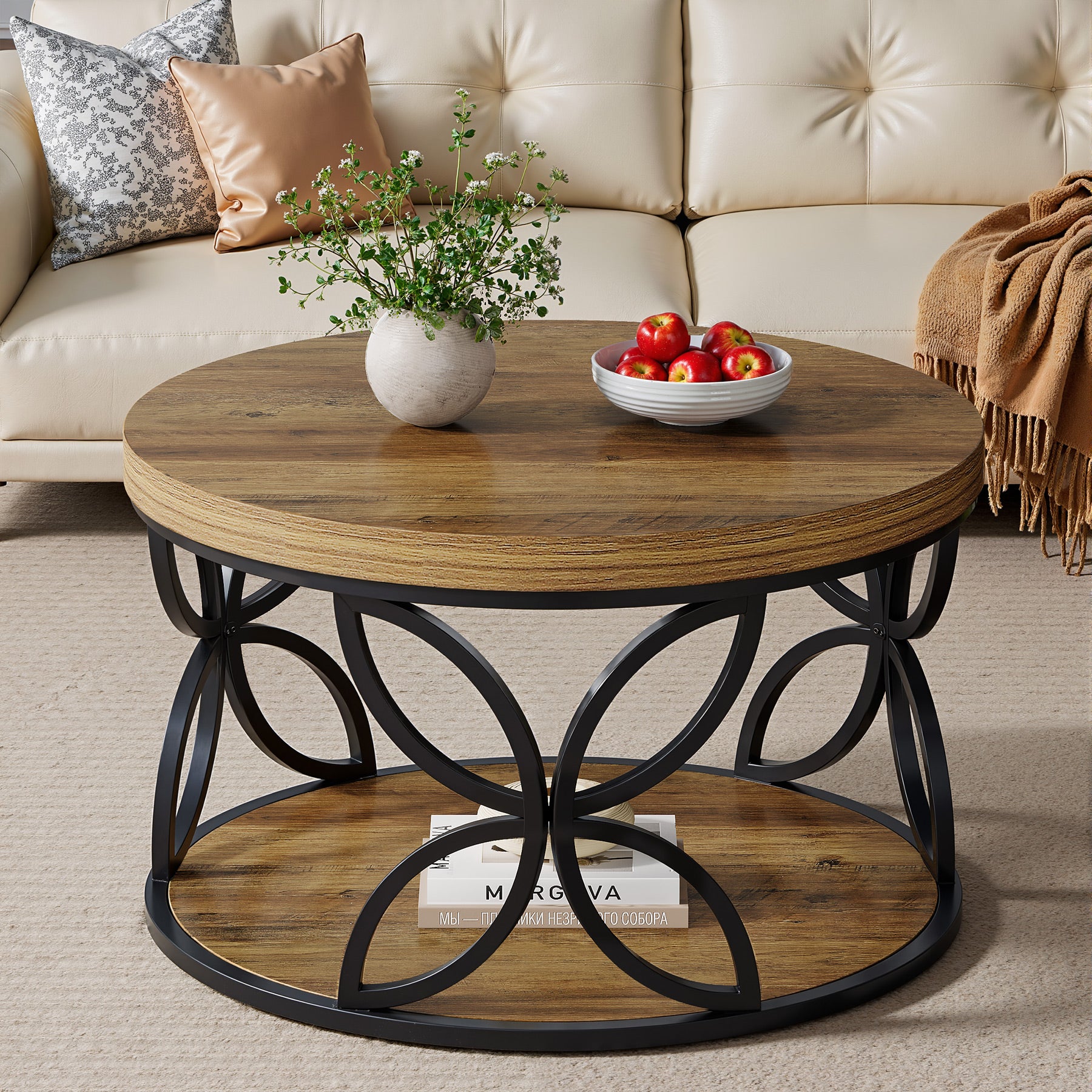 2-Tier Round Coffee Table, 31.5" Industrial Accent Tea Table with Metal Frame