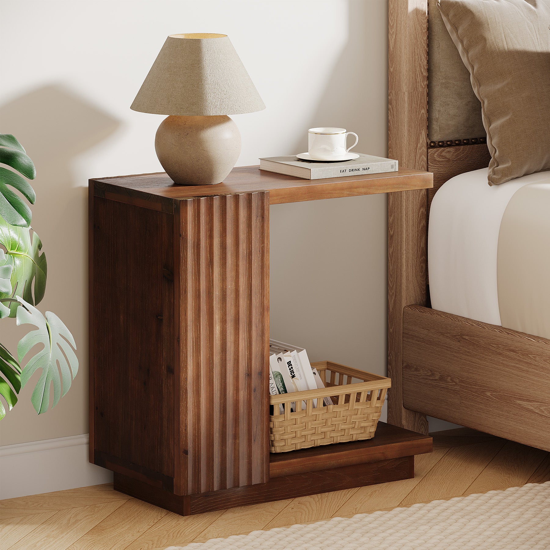 C-Shaped Wood Side Table with Fluted Panels