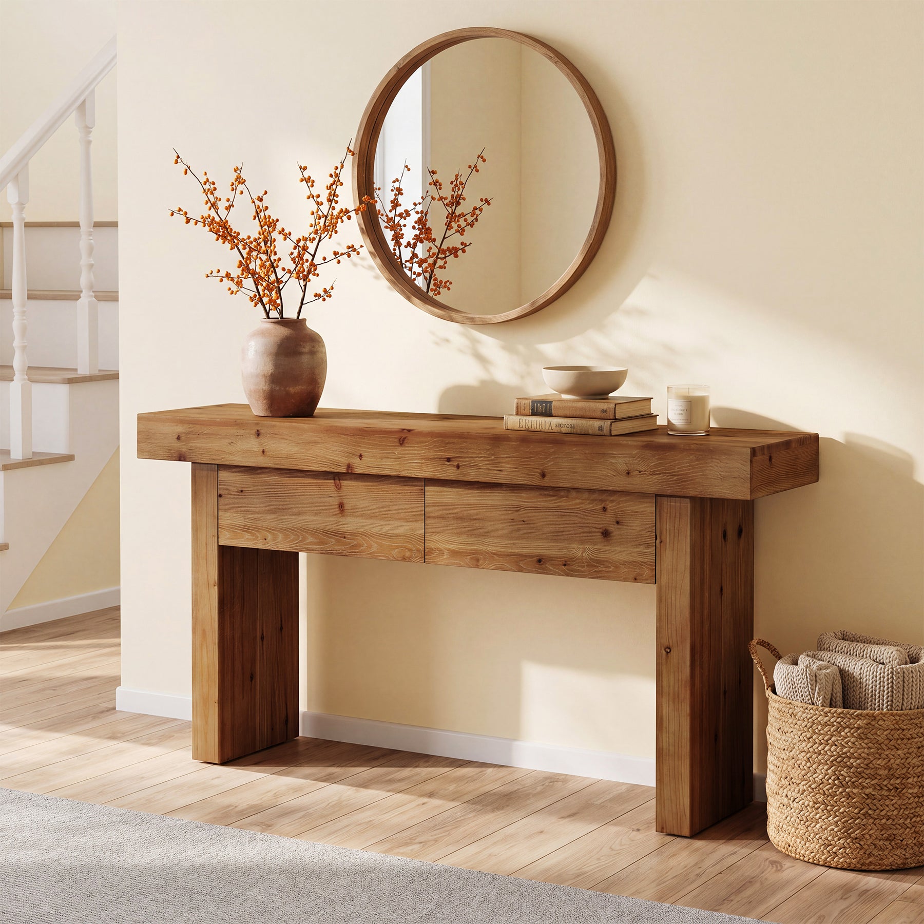 Solid Wood Console Table with 2 Drawers, 63" Farmhouse Entryway Sofa Table Behind Couch