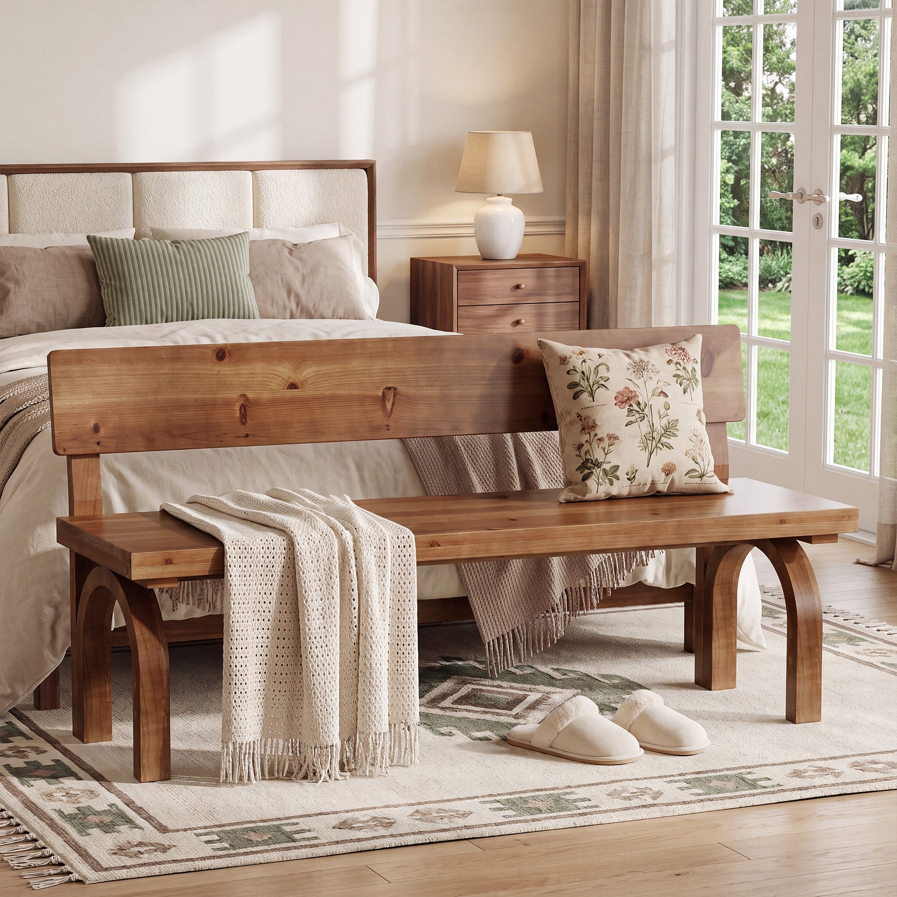 Solid Wood Entryway Bench with Backrest, 63" Long Dining Bench for Entryway, Kitchen