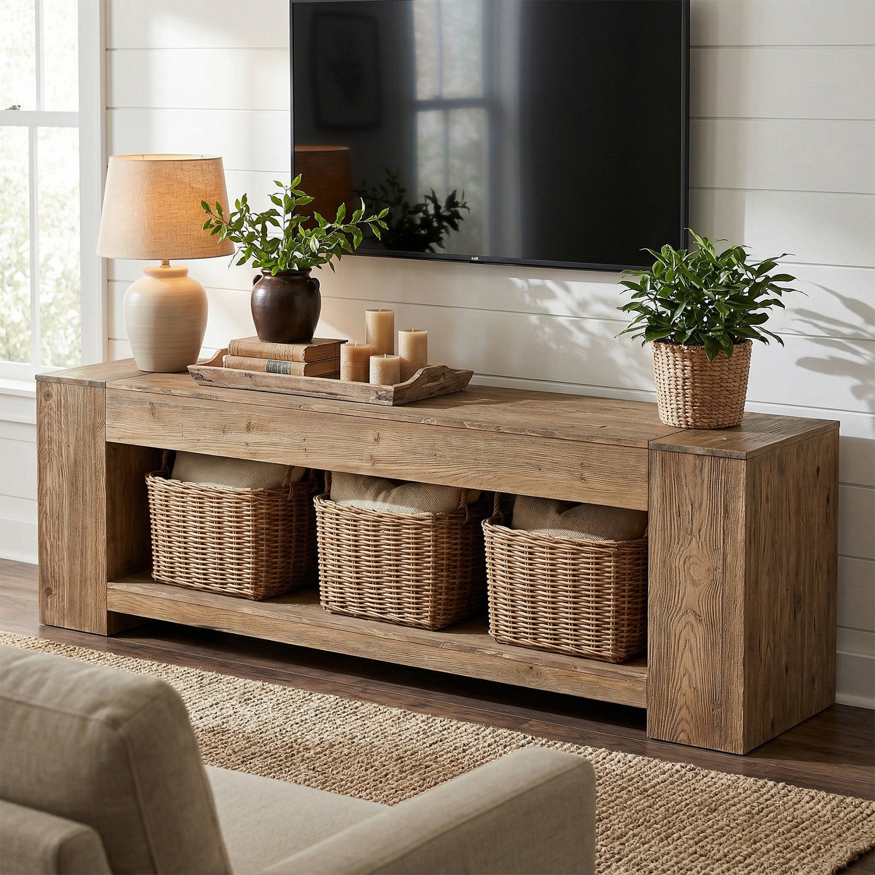 Tribesigns 63" Solid Wood TV Stand, Farmhouse Console for Living Room