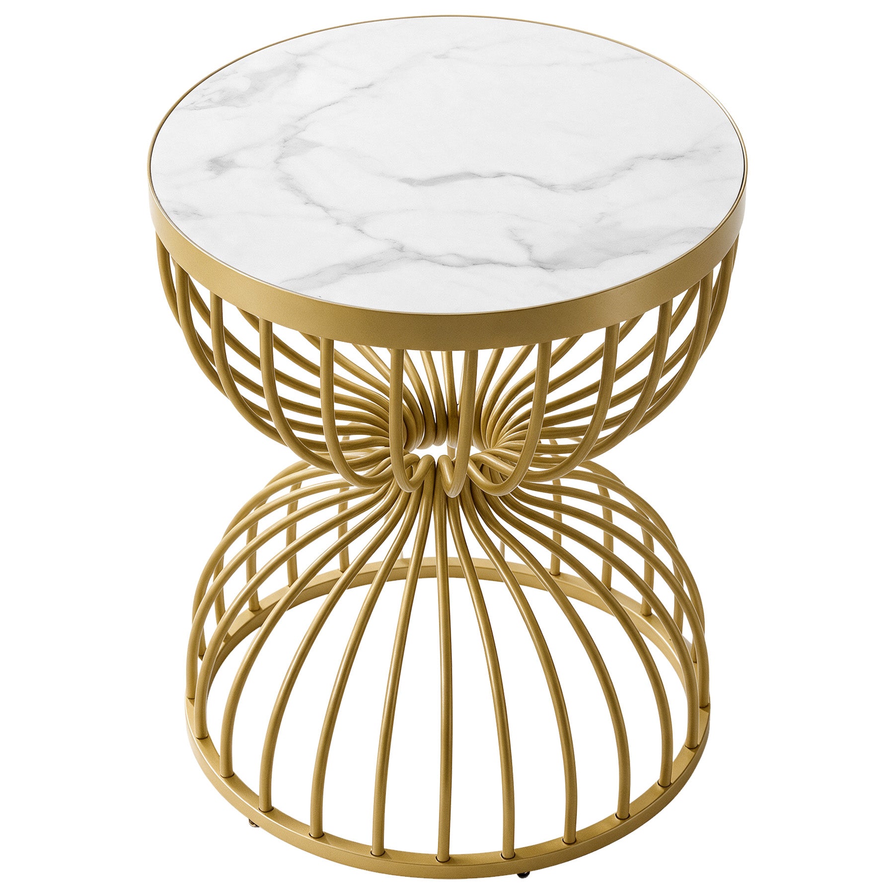 Hourglass Round End Table, Modern Accent Side Table with Faux Marble Top & Metal Frame