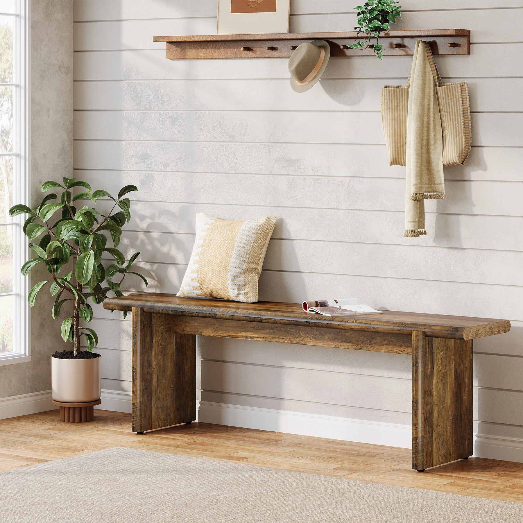 59" Entryway Bench, Farmhouse Shoe Bench Seat for Hallway