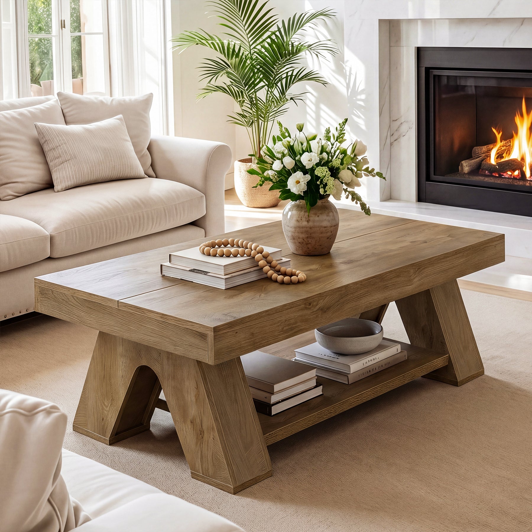 Tribesigns 55.1-Inch Farmhouse Coffee Table with Storage Shelf, Large Rectangle Center Table for Living Room