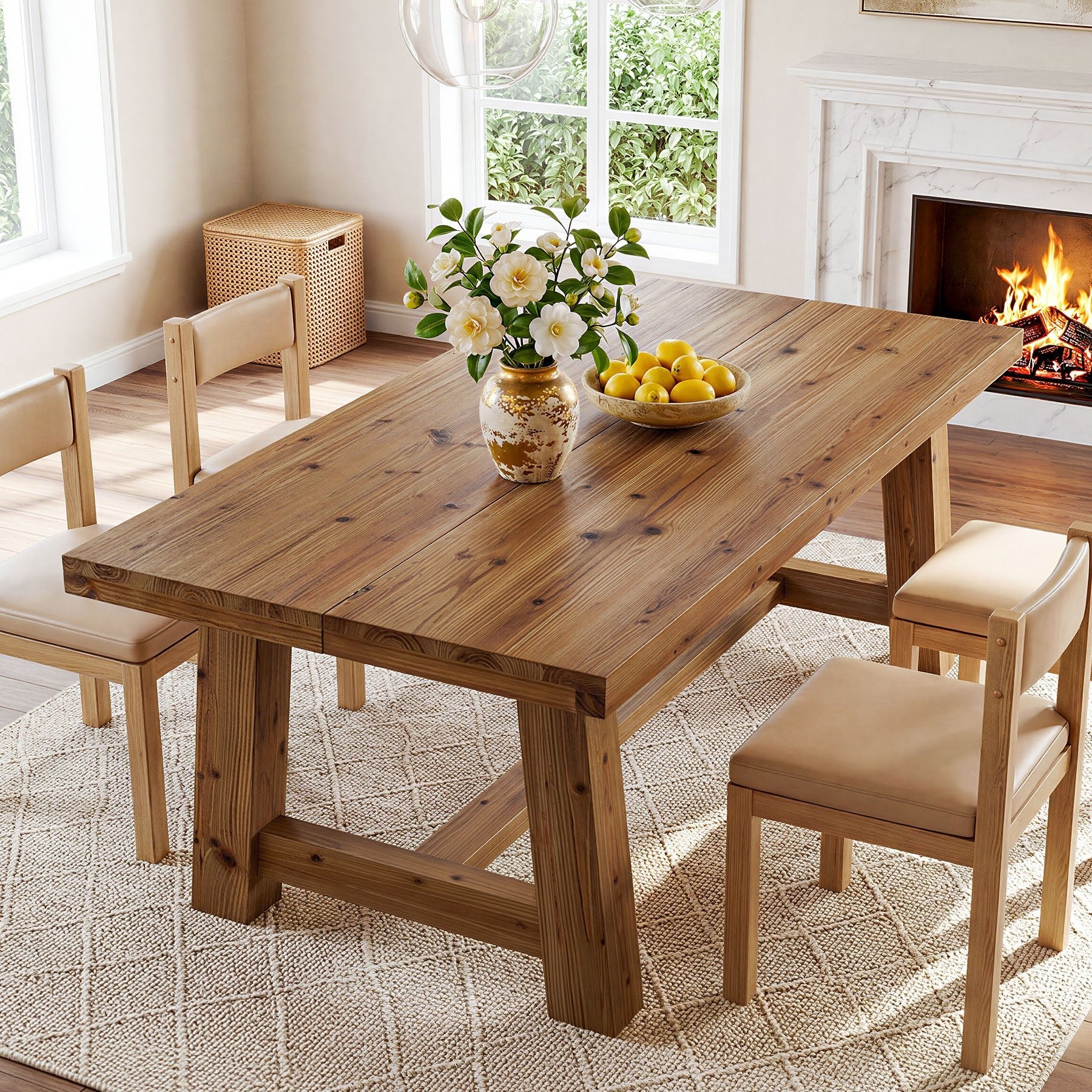 63" Solid Wood Dining Table, Rectangular Kitchen Table for 4-6 People
