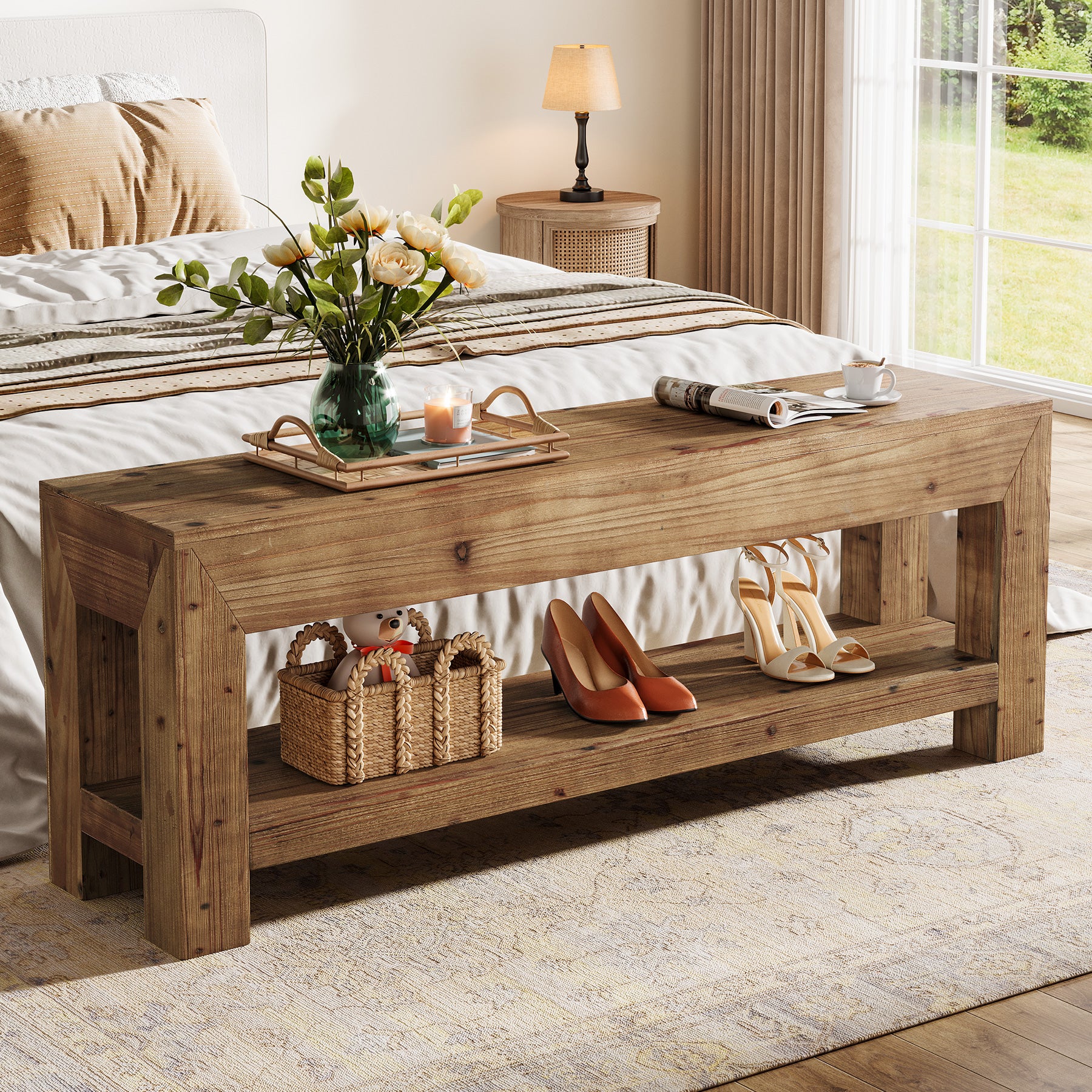 47.24" Solid Wood Entryway Bench, Narrow Shoe Bench with Open Shelves