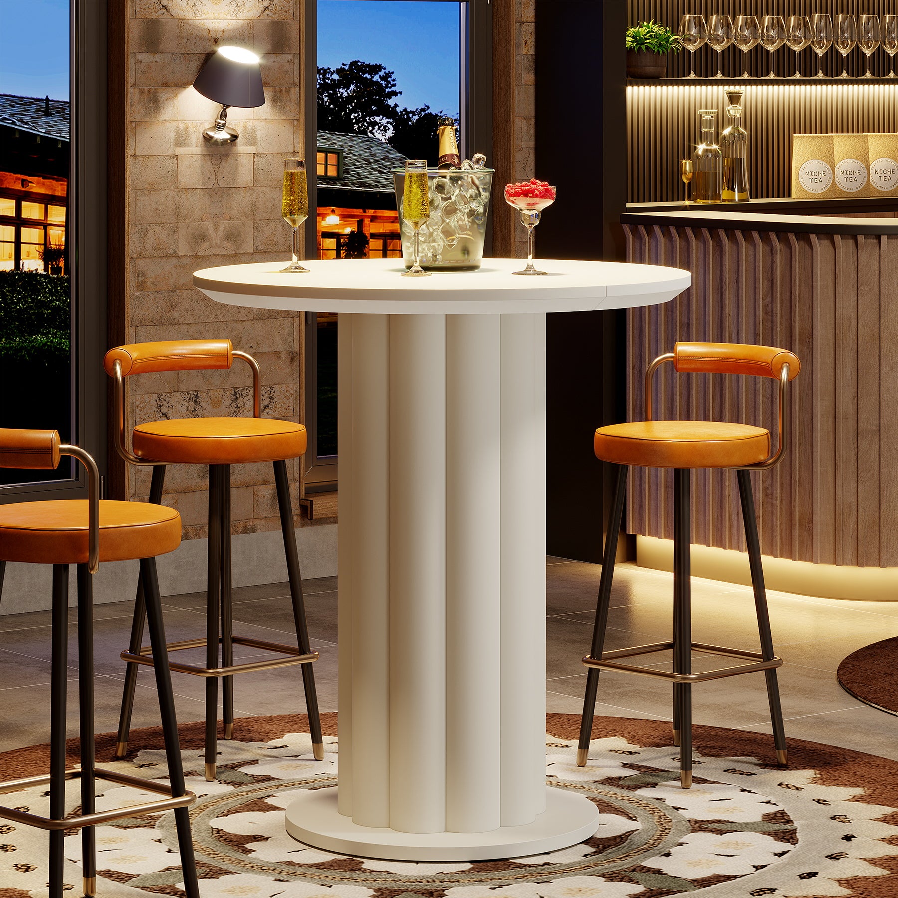 Round Bar Table, 30" Pub Table with Column Fluted Ribbed Leg Base