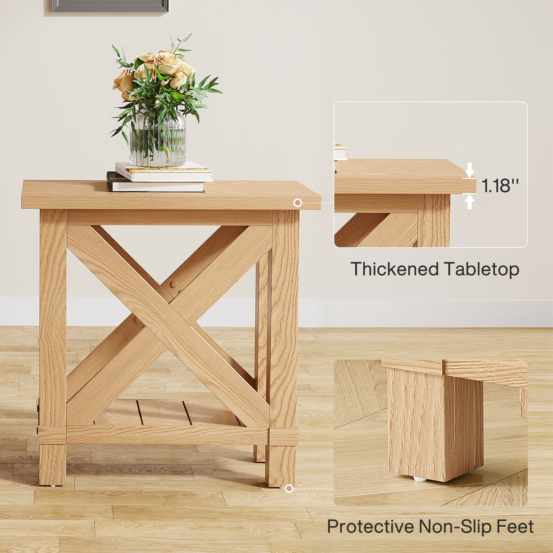 25" End Table, Farmhouse Bed Side Table with X Shape Frame