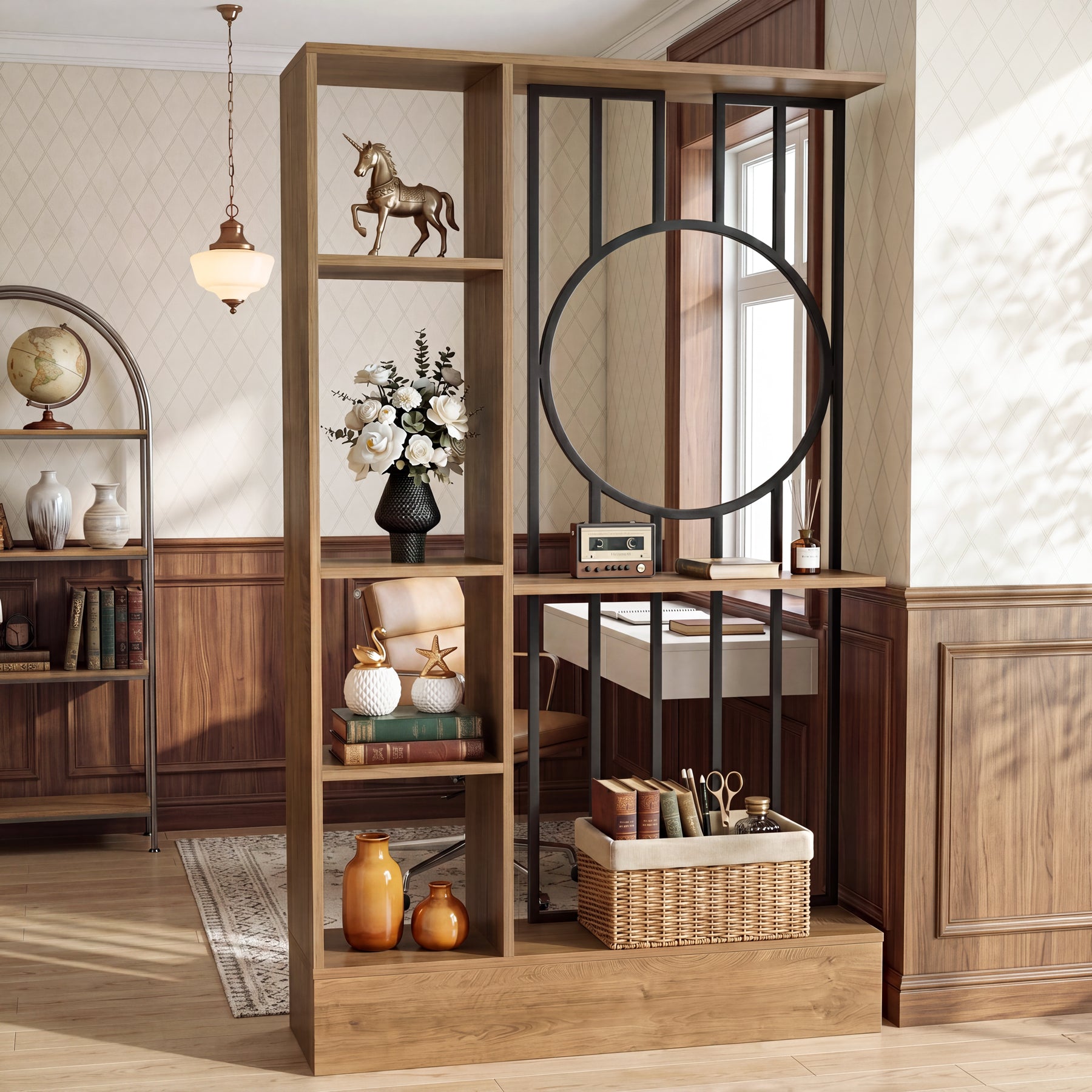 70.8" Wall Room Divider, Free-Standing Room Partition with Shelves