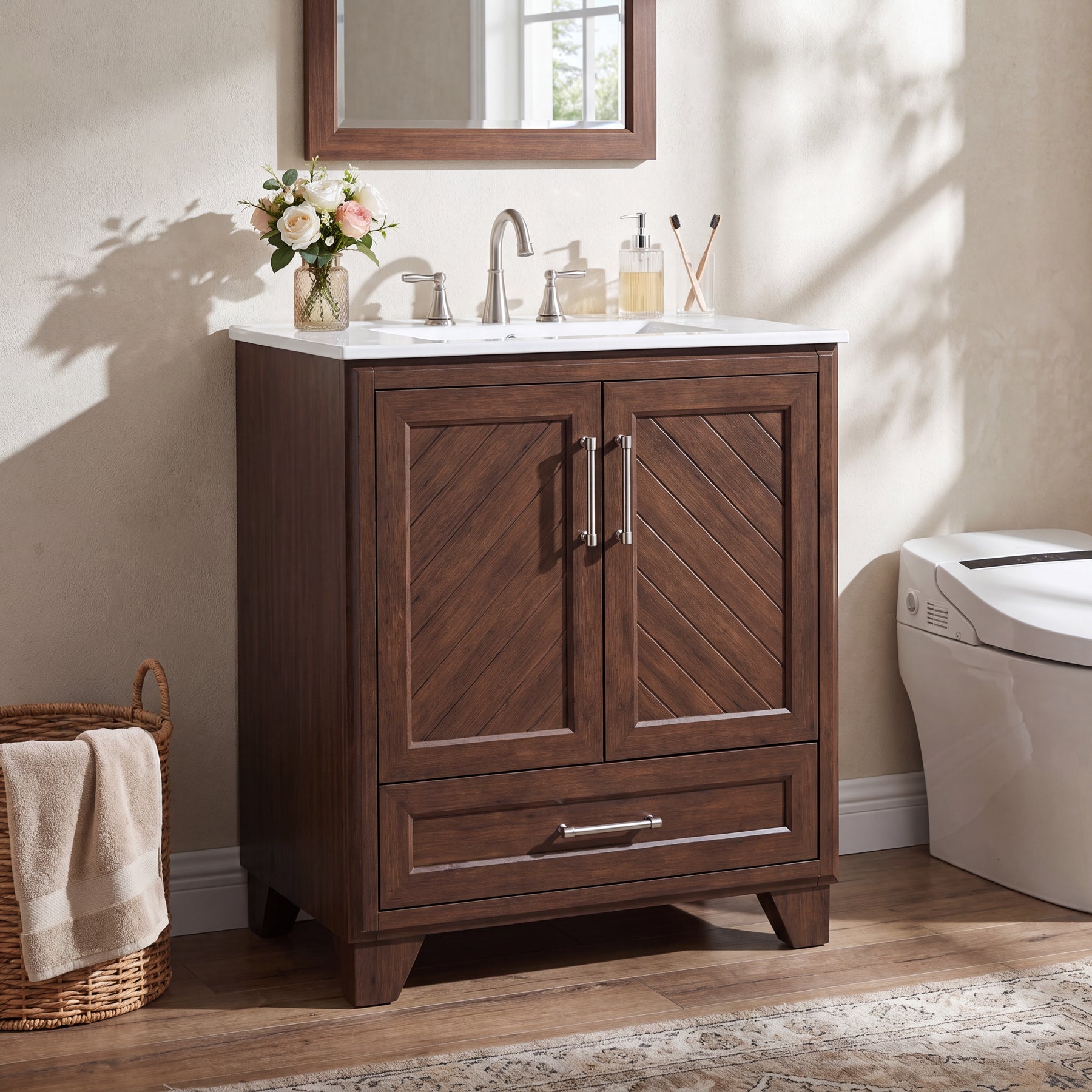 24" Bathroom Vanity, Modern Bathroom Cabinet with Sink & Carved Doors