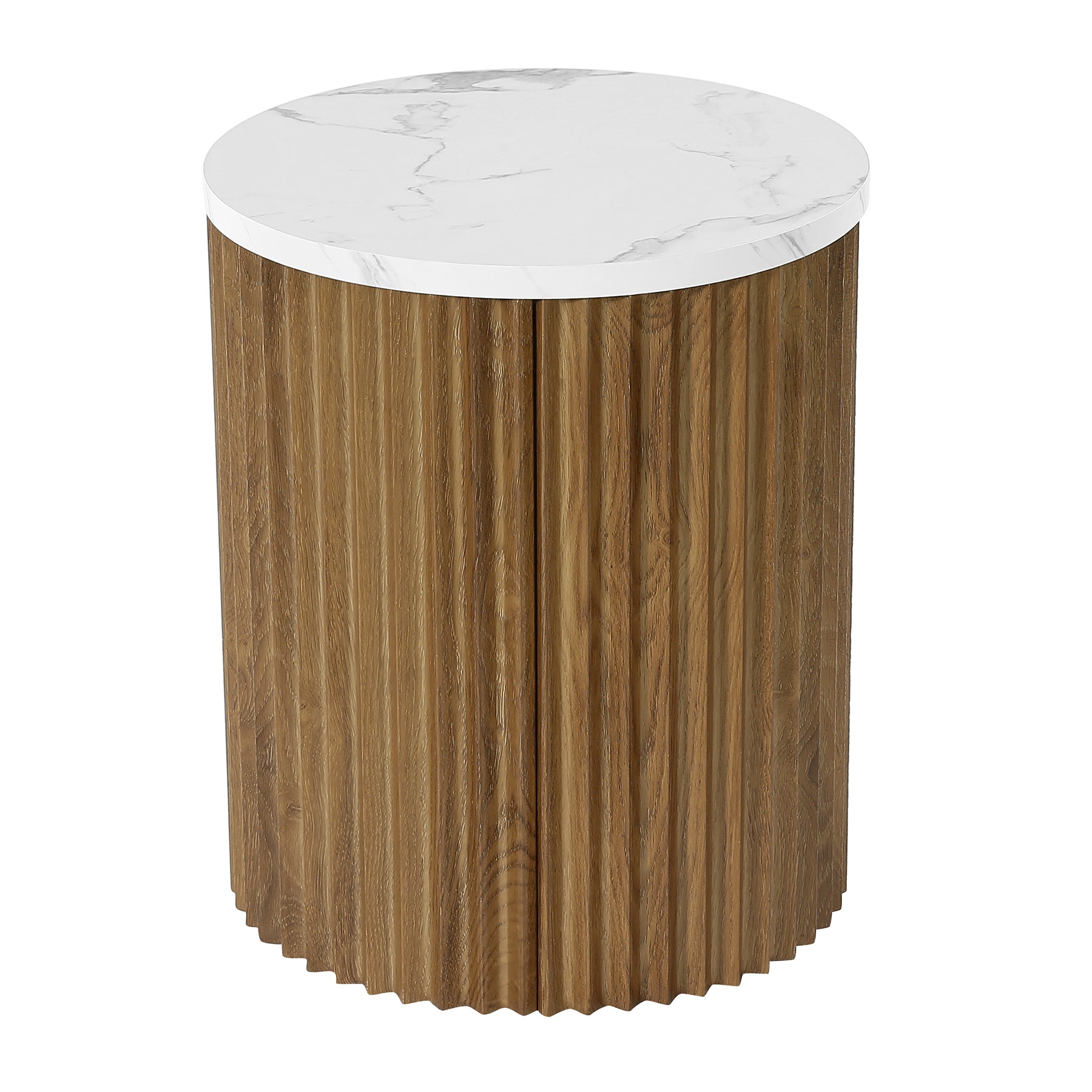 Round Nightstand, 23.6" Bedside Table with Faux Marble Tabletop & Fluted Base