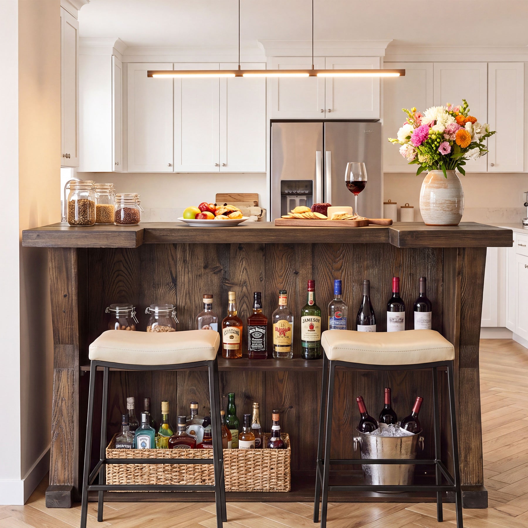 59" Home Bar Unit with Storage Shelves & Foot Rail, Farmhouse Solid Wood 3-Tier Bar Cabinet