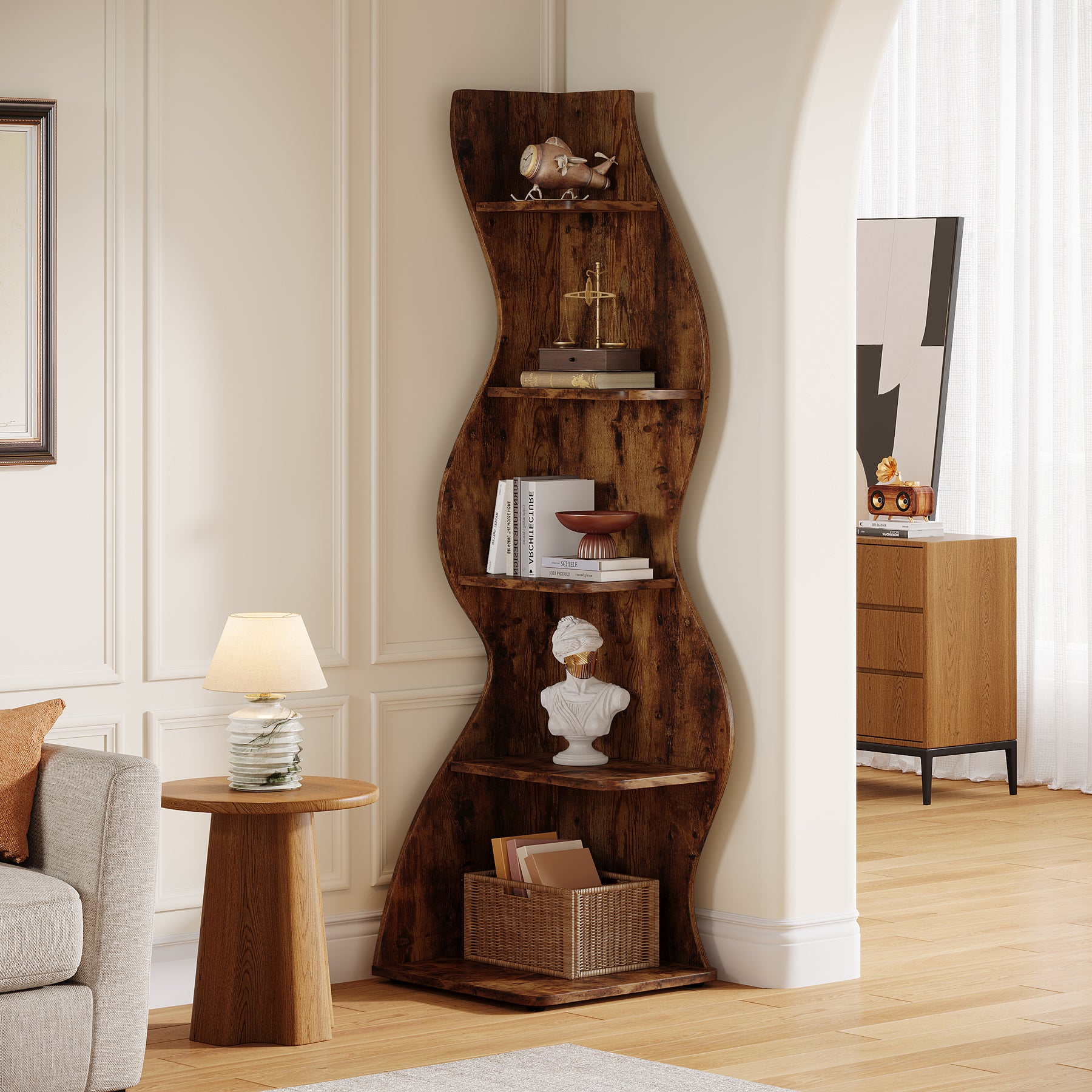 Wavy Corner Shelf, 5-Tier Bookshelf Bookcase Display Rack