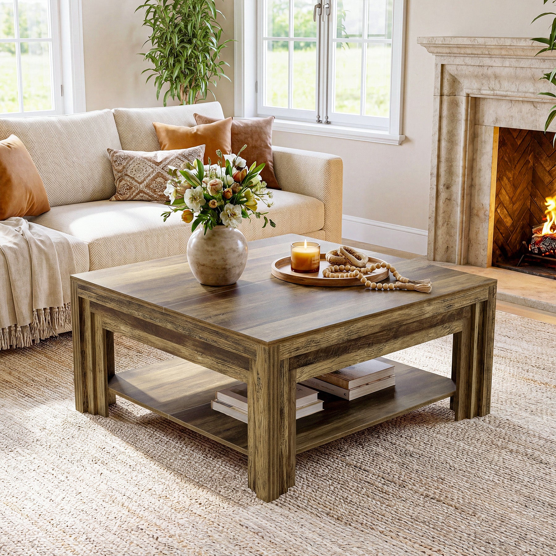 Farmhouse Square Coffee Table with Shelf