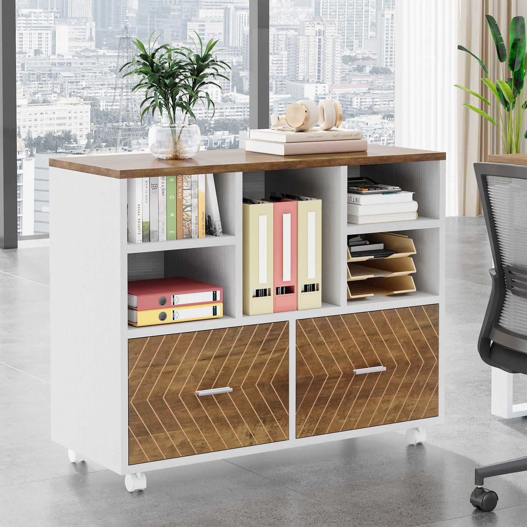 2-Drawer File Cabinet, Mobile Lateral Filing Cabinet with Shelves