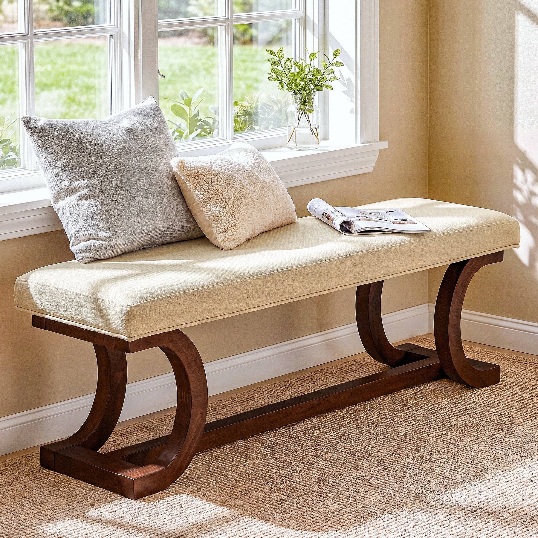 48" Upholstered Bench, Solid Wood Entryway Bench End of Bed Bench with Soft Cushion